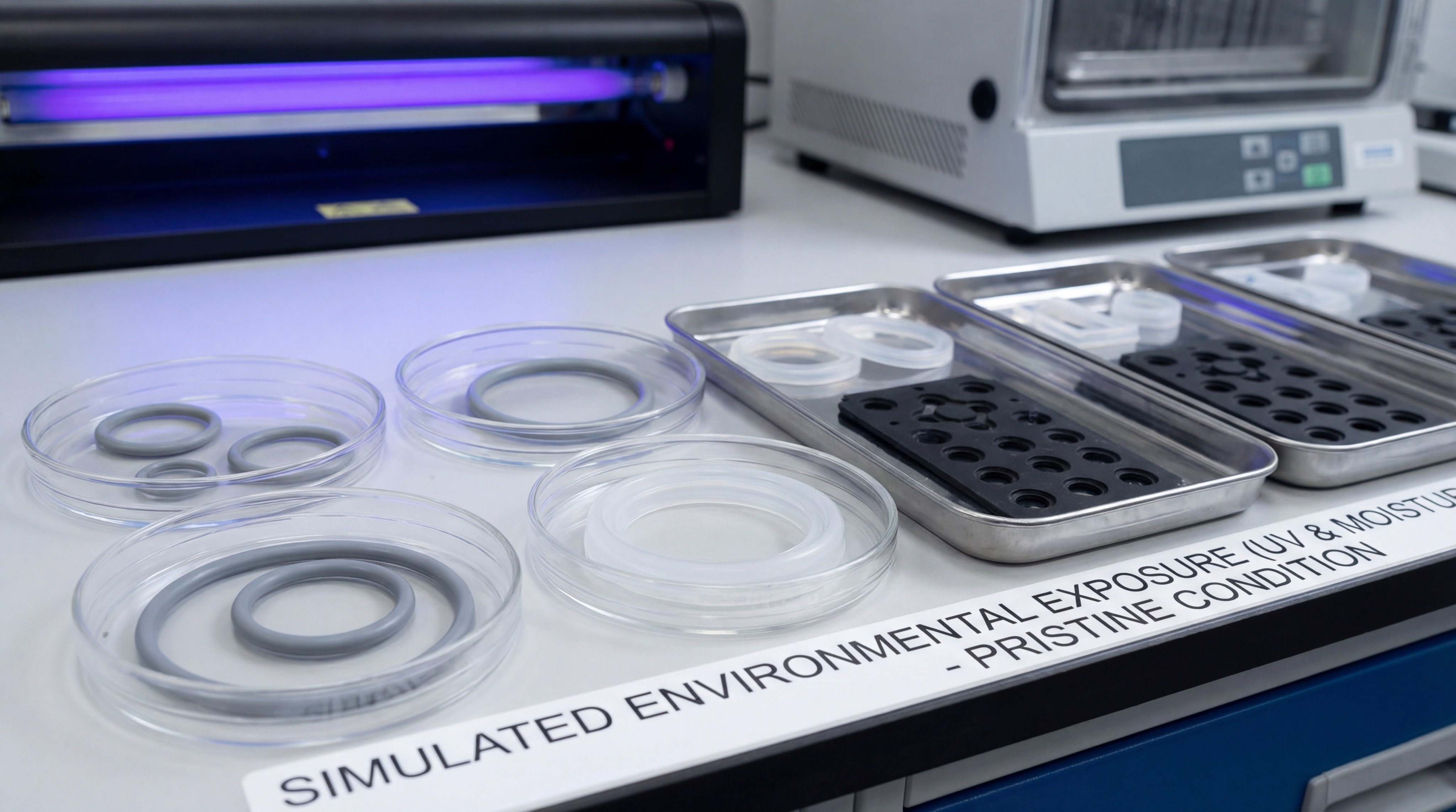 Simulated UV and moisture exposure testing for silicone rubber durability
