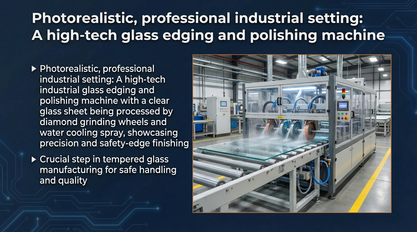 A high-tech industrial glass edging and polishing machine processing a clear glass sheet with diamond grinding wheels