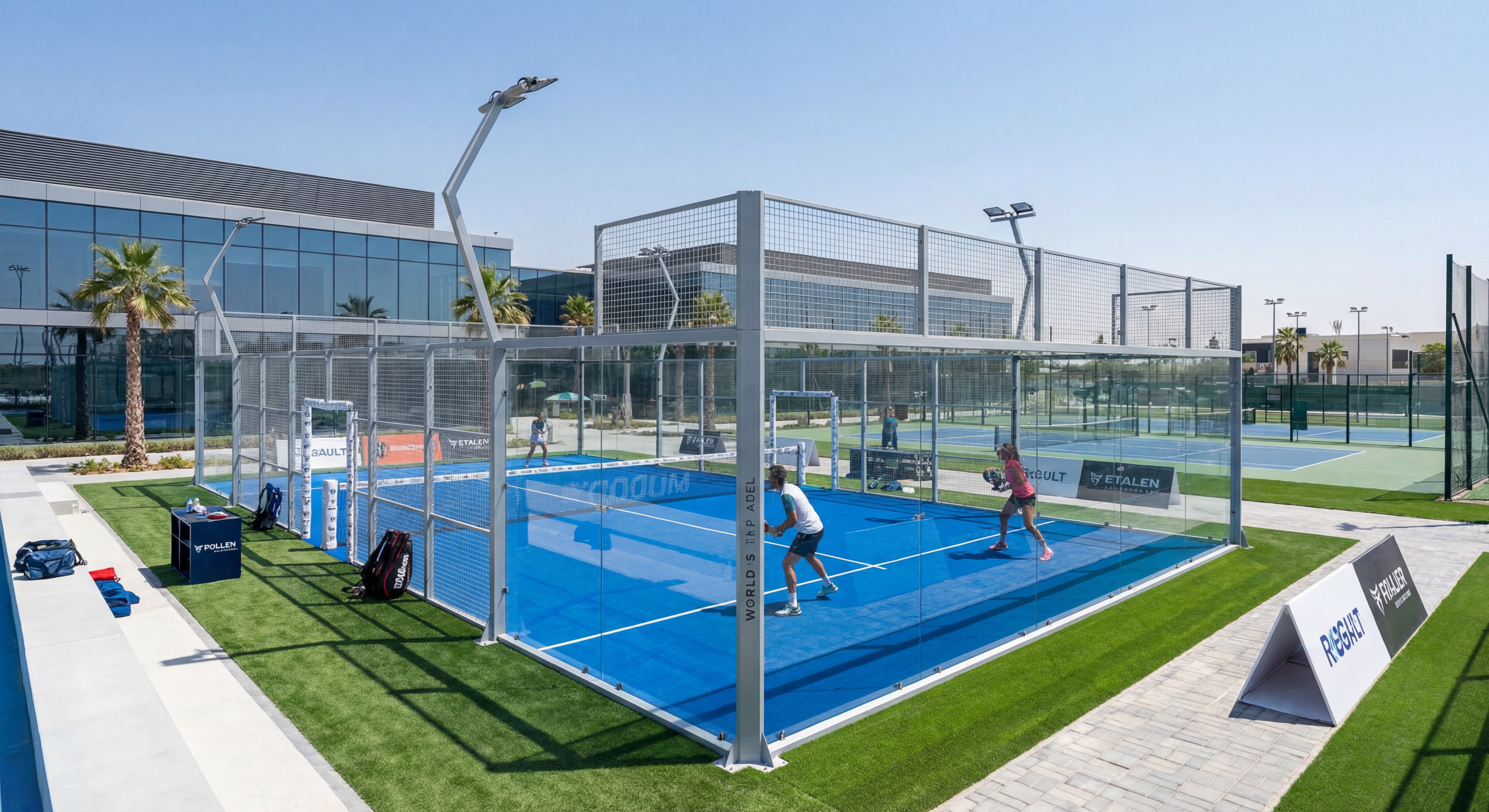Visualizing a modern, high-end court with premium branding and clear glass walls