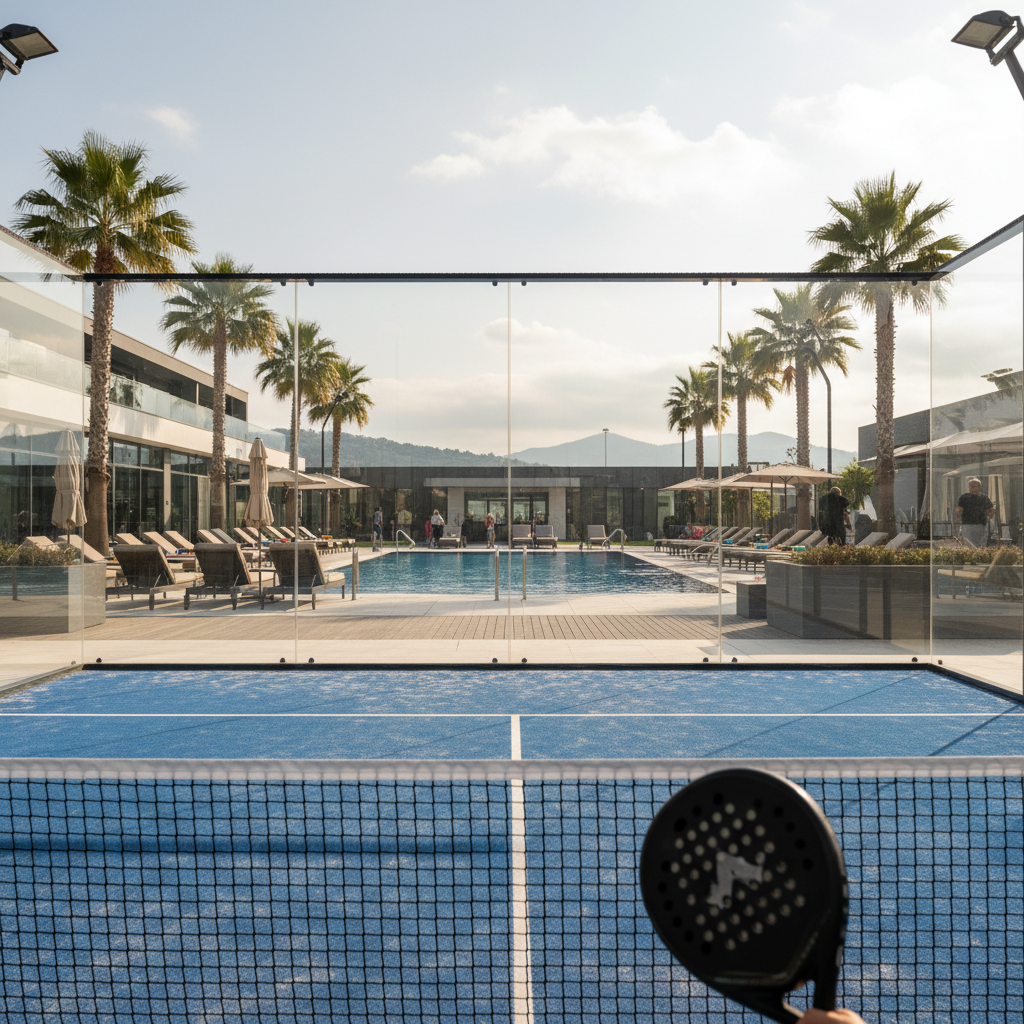 A photorealistic view of a modern padel court reflecting the surrounding luxury facility in its glass walls.