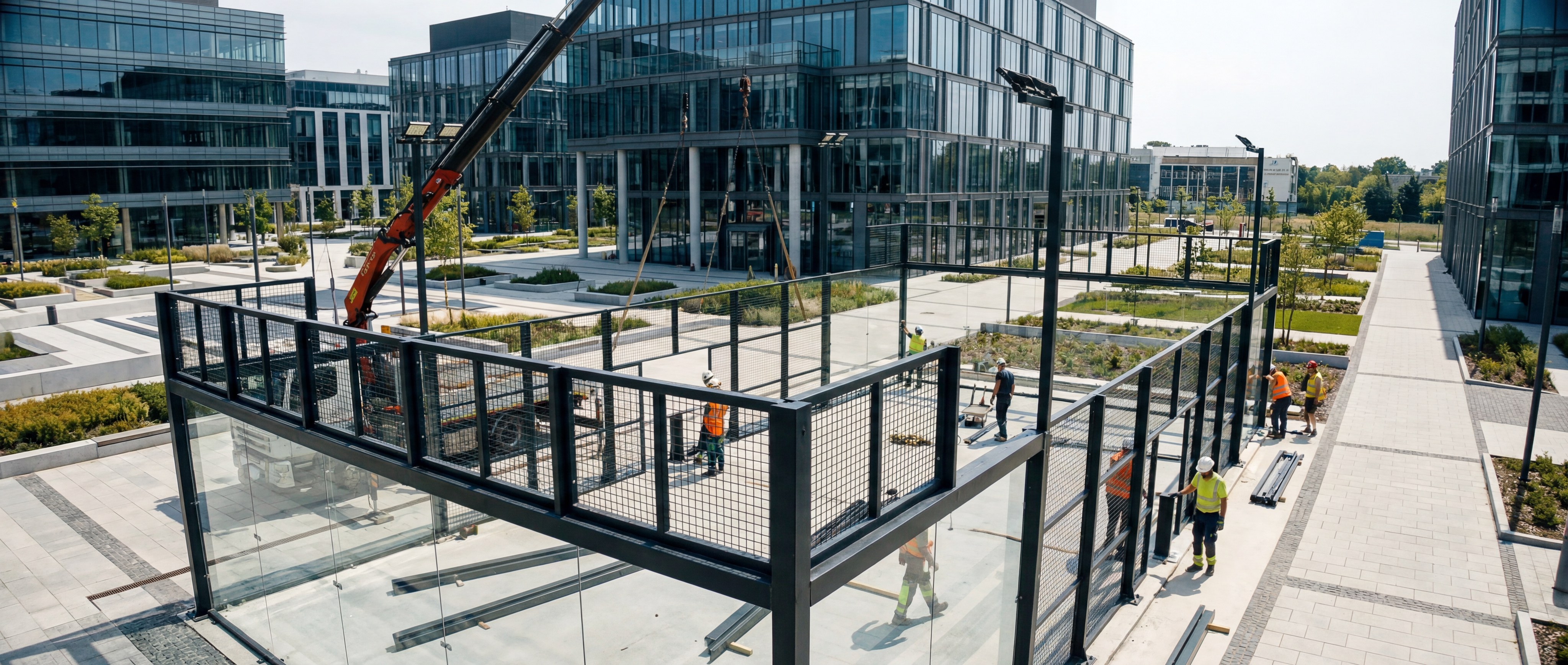 A wide-angle shot of a construction crew installing the heavy steel frame of a padel court in a modern commercial park.