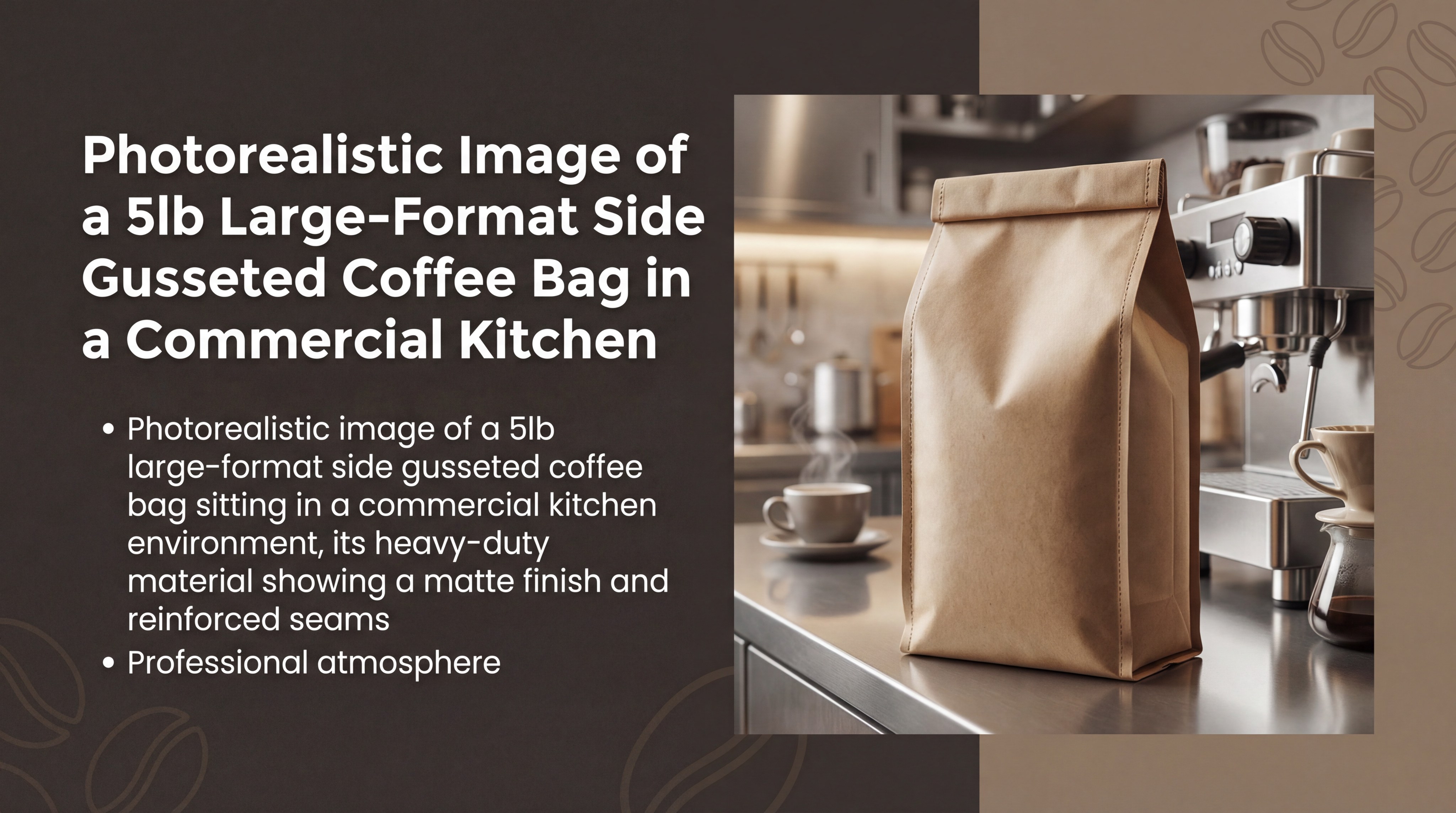 Photorealistic image of a 5lb large-format side gusseted coffee bag in a commercial kitchen
