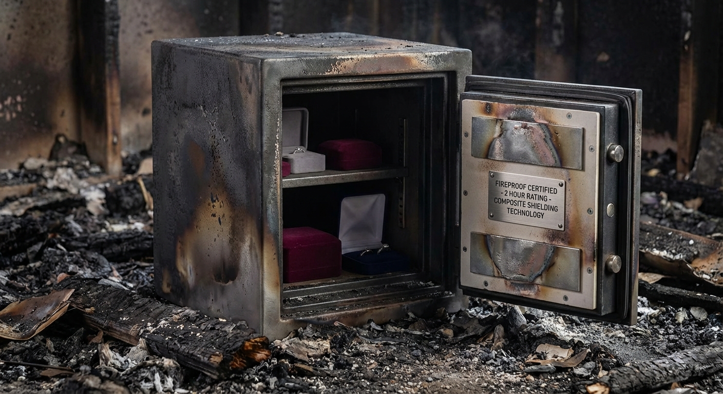 A fireproof jewelry safe showing contents protected after a fire