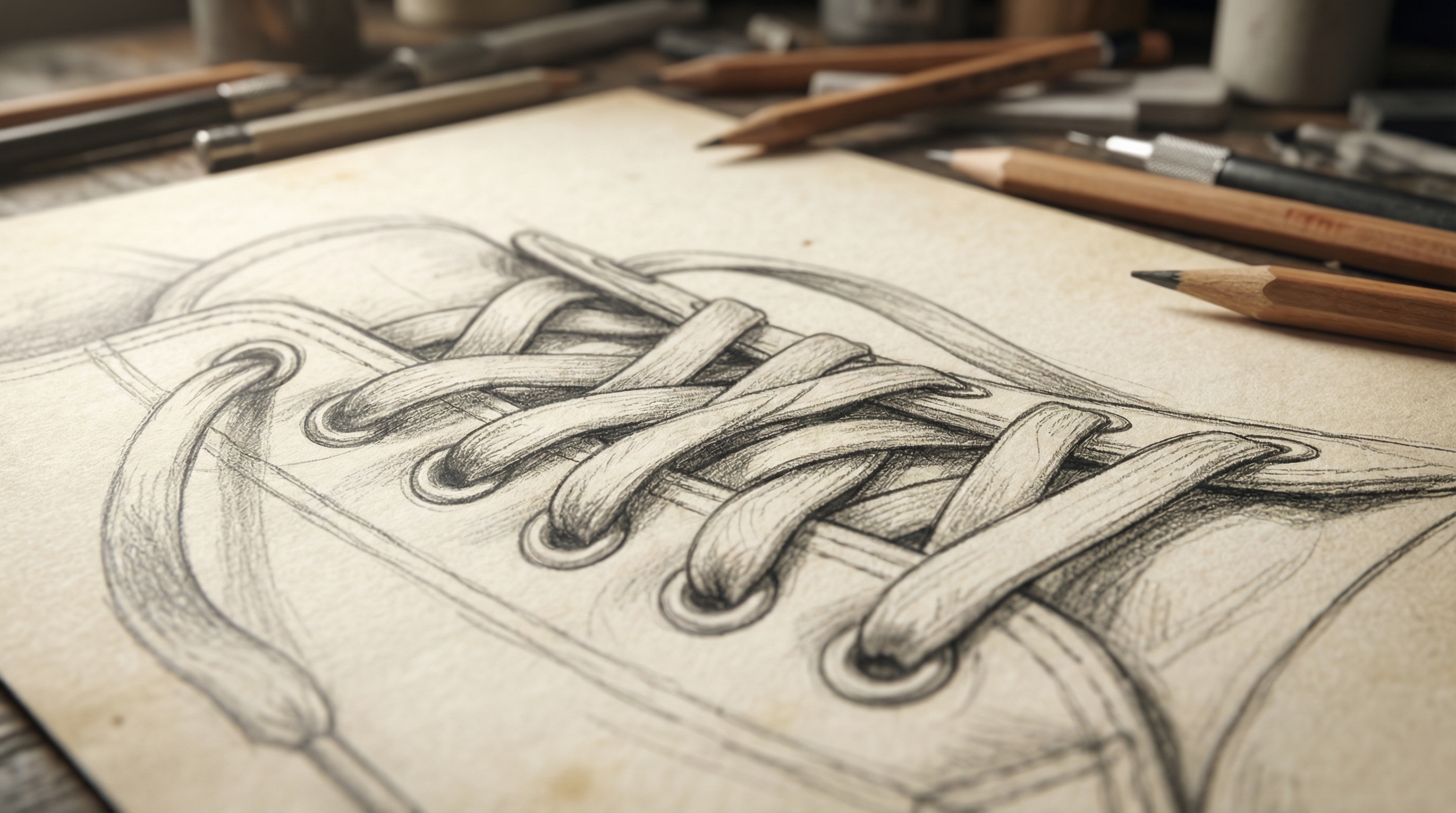 A detailed graphite sketch of sneaker laces showing the intricate overlapping and texture of the fabric