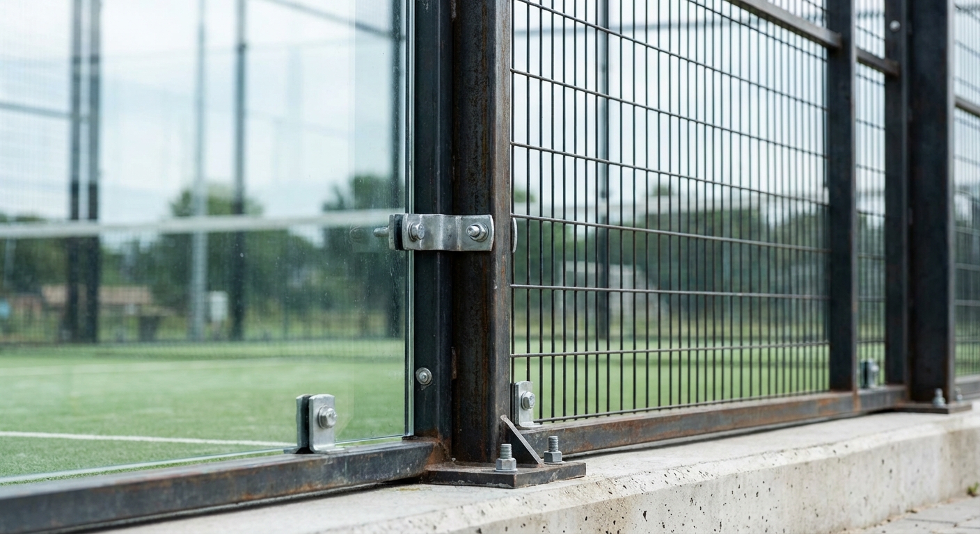 Close-up of the intersection between tempered glass and metallic mesh