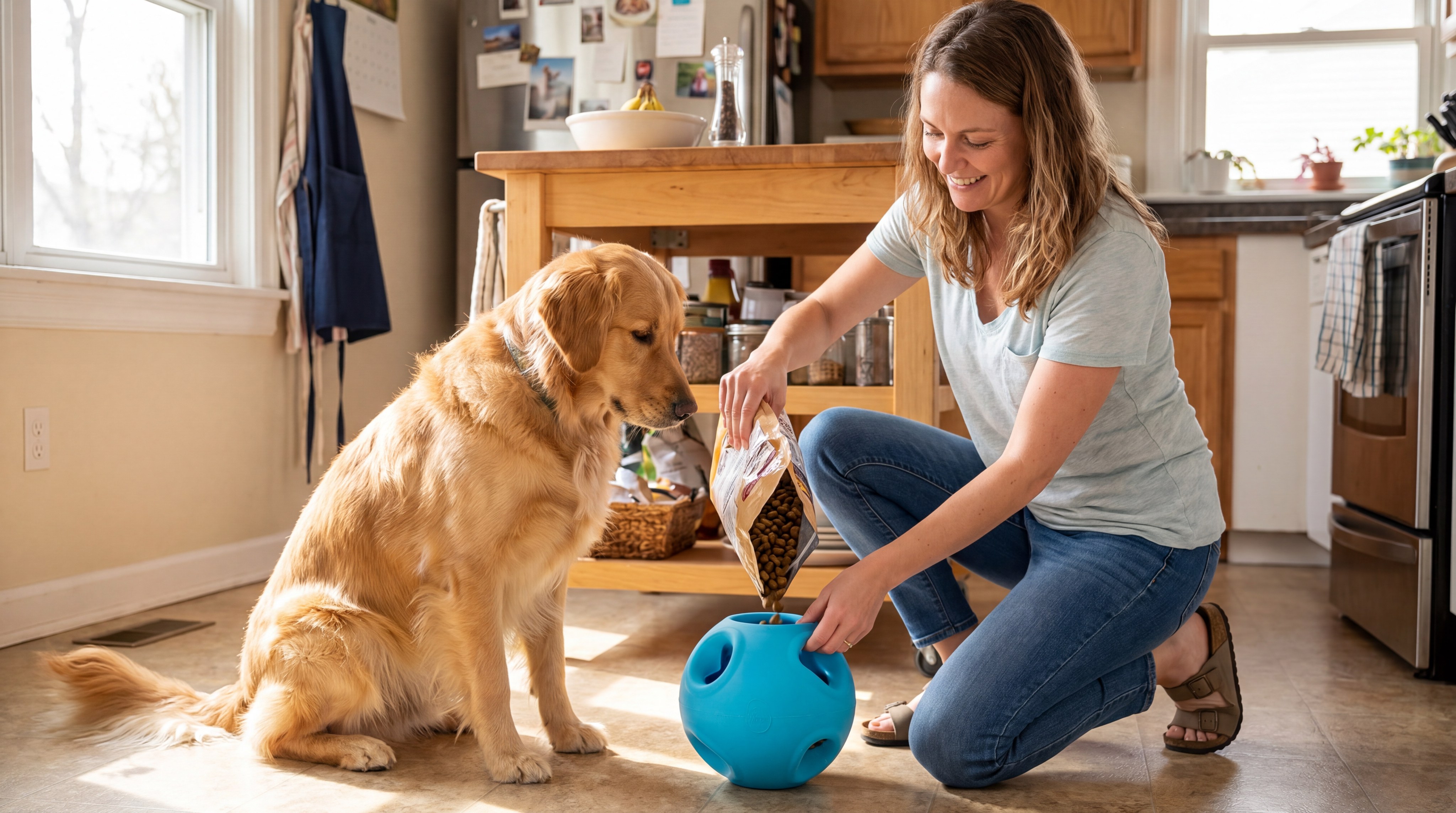 A person filling a bright blue silicone treat ball with kibble while a dog waits patiently