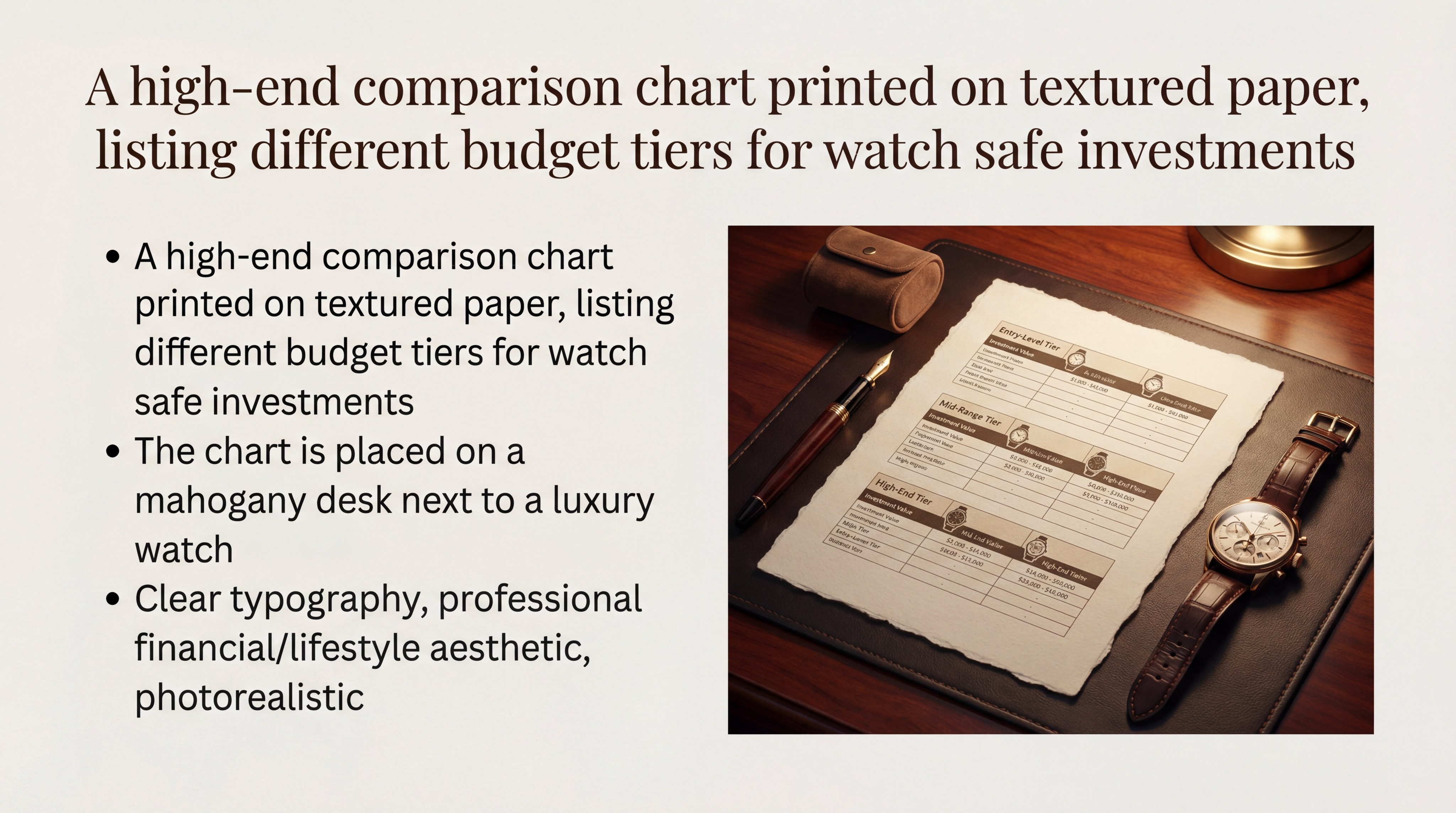 A high-end comparison chart listing different budget tiers for watch safe investments