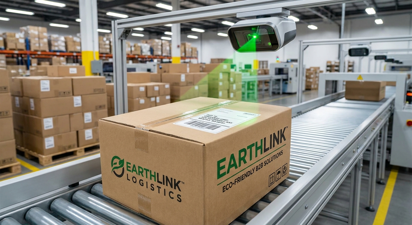 Automated Optical Scanning of Eco-Friendly Branded Cardboard Package in Modern Fulfillment Center