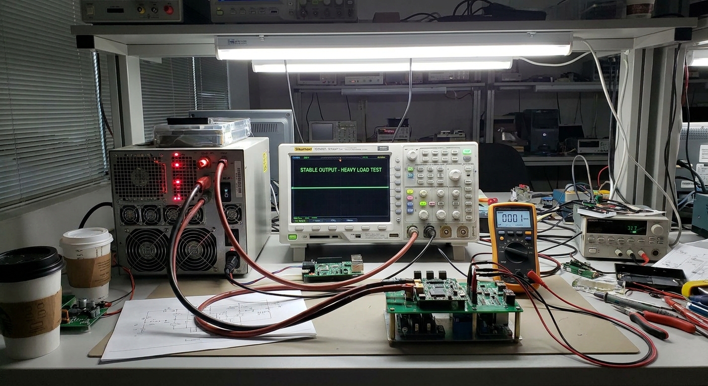 Electronic testing laboratory bench with high-end digital oscilloscope showing stable output under heavy load test