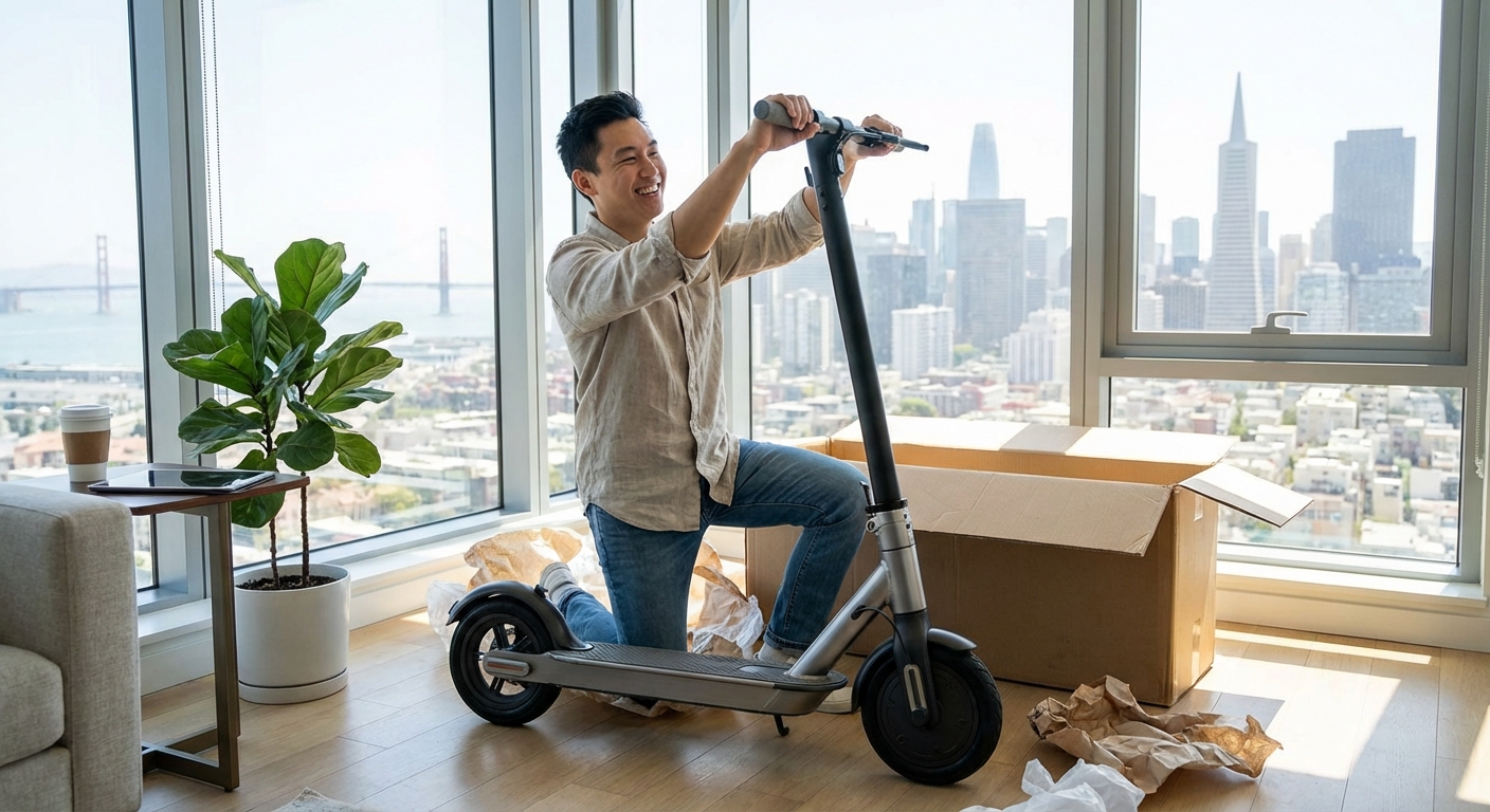A person happily unboxing a new electric scooter in a modern apartment, symbolizing the transition to ownership.