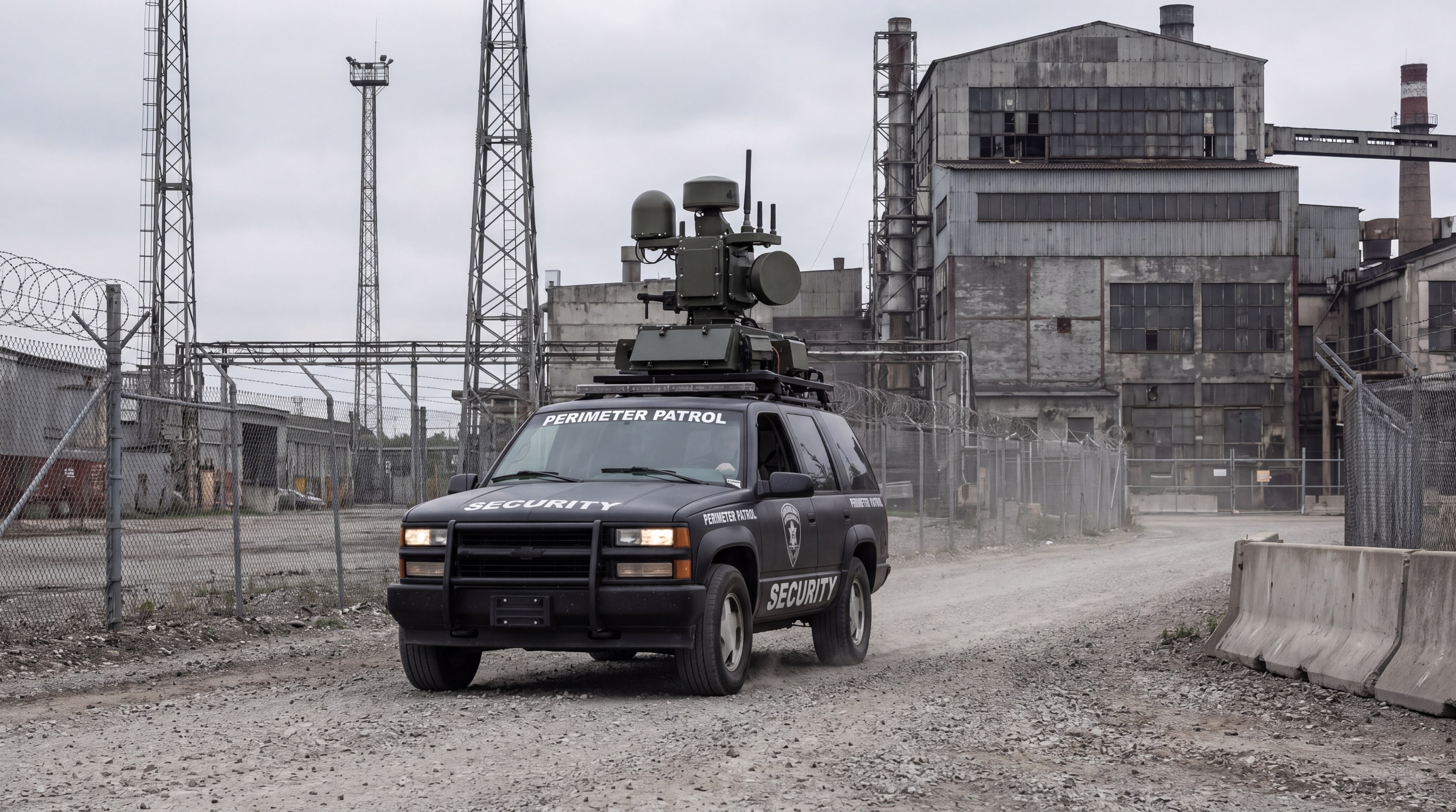 Security patrol vehicle equipped with roof-mounted RF jamming antennas and sensors