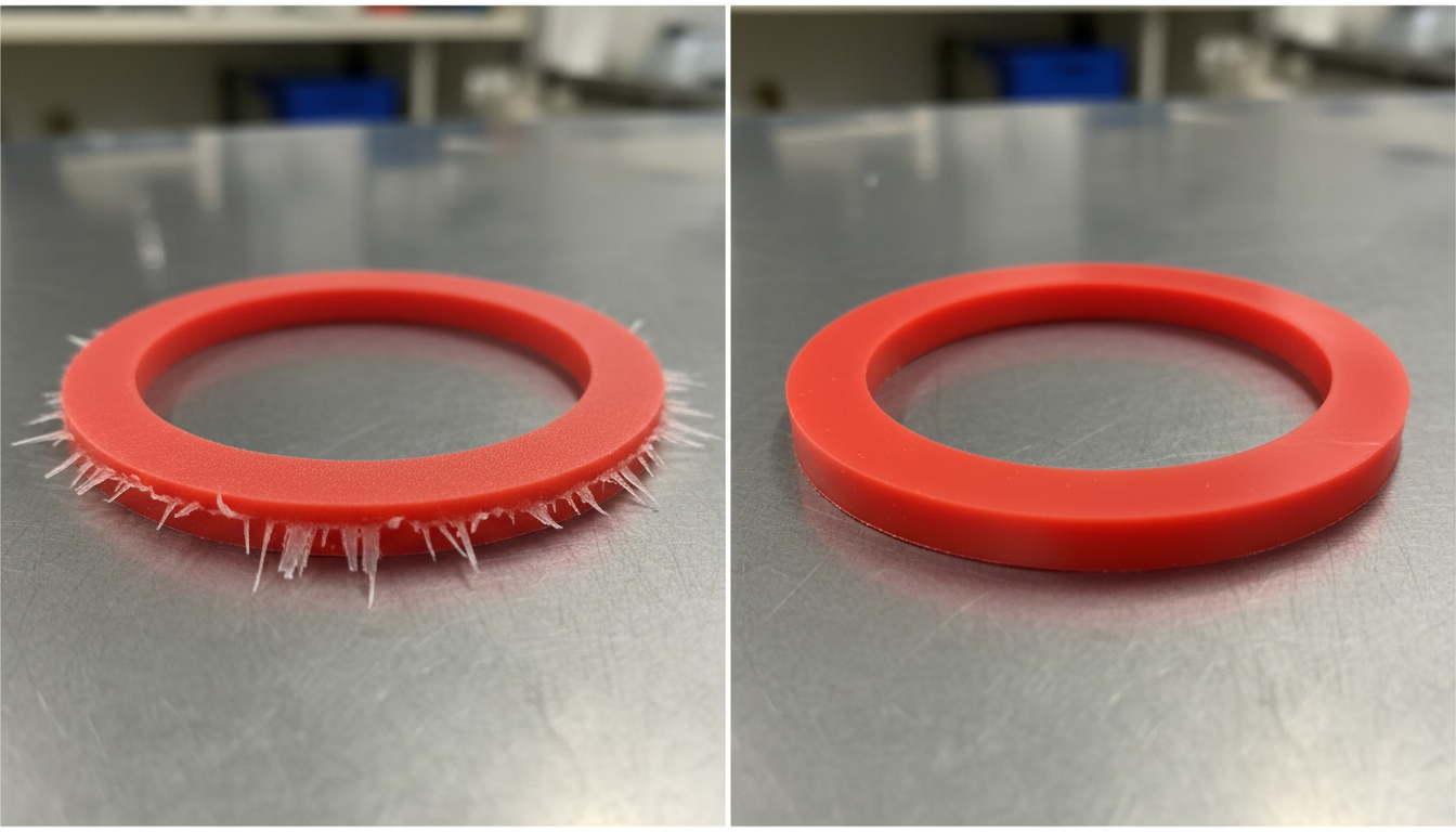 Side-by-side comparison of a compression-molded gasket with flash versus a clean injection-molded part