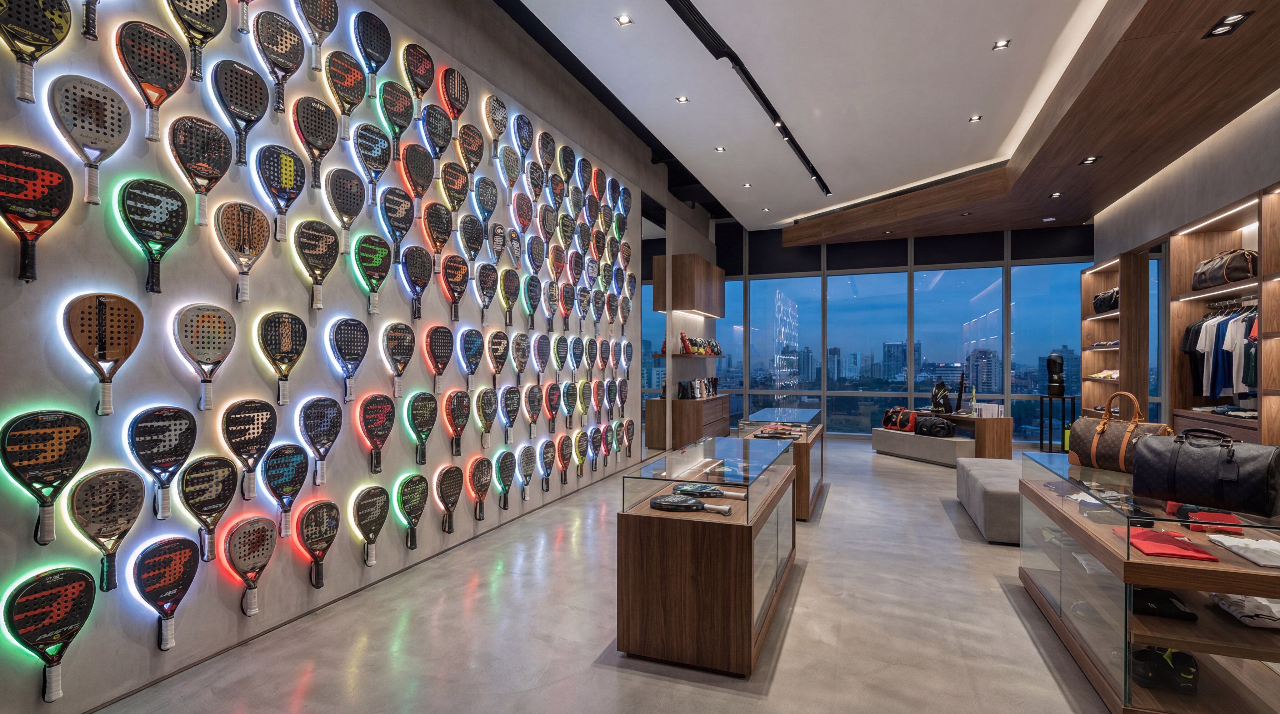A photorealistic image of a professional padel shop with various bats displayed on a brightly lit wall.