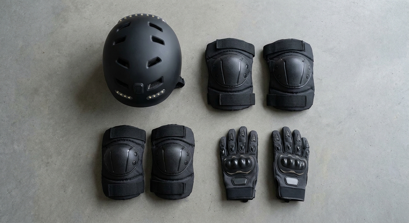 Flat-lay of helmet and scooter protective safety gear