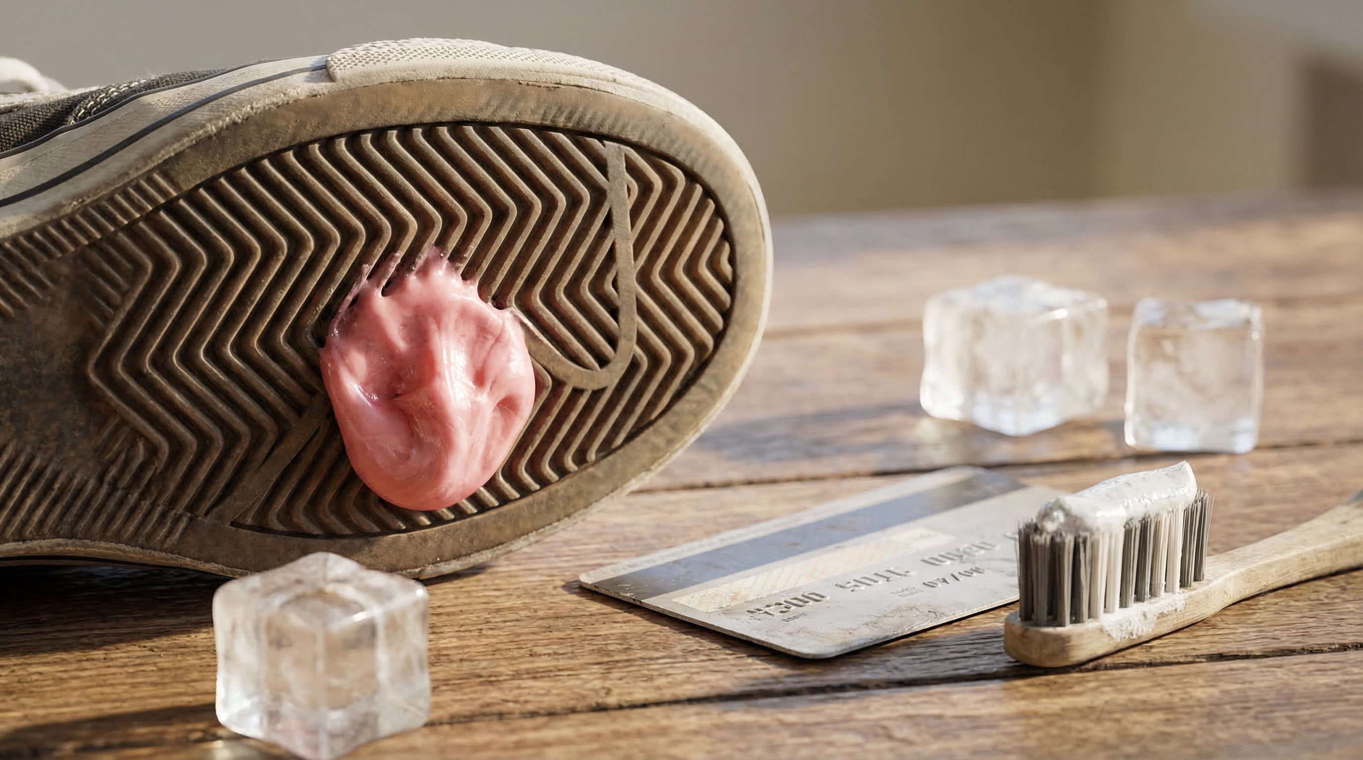 A high-resolution close-up of a sneaker sole with pink gum stuck in the tread, showing various household removal tools like a credit card, ice cubes, and a toothbrush nearby