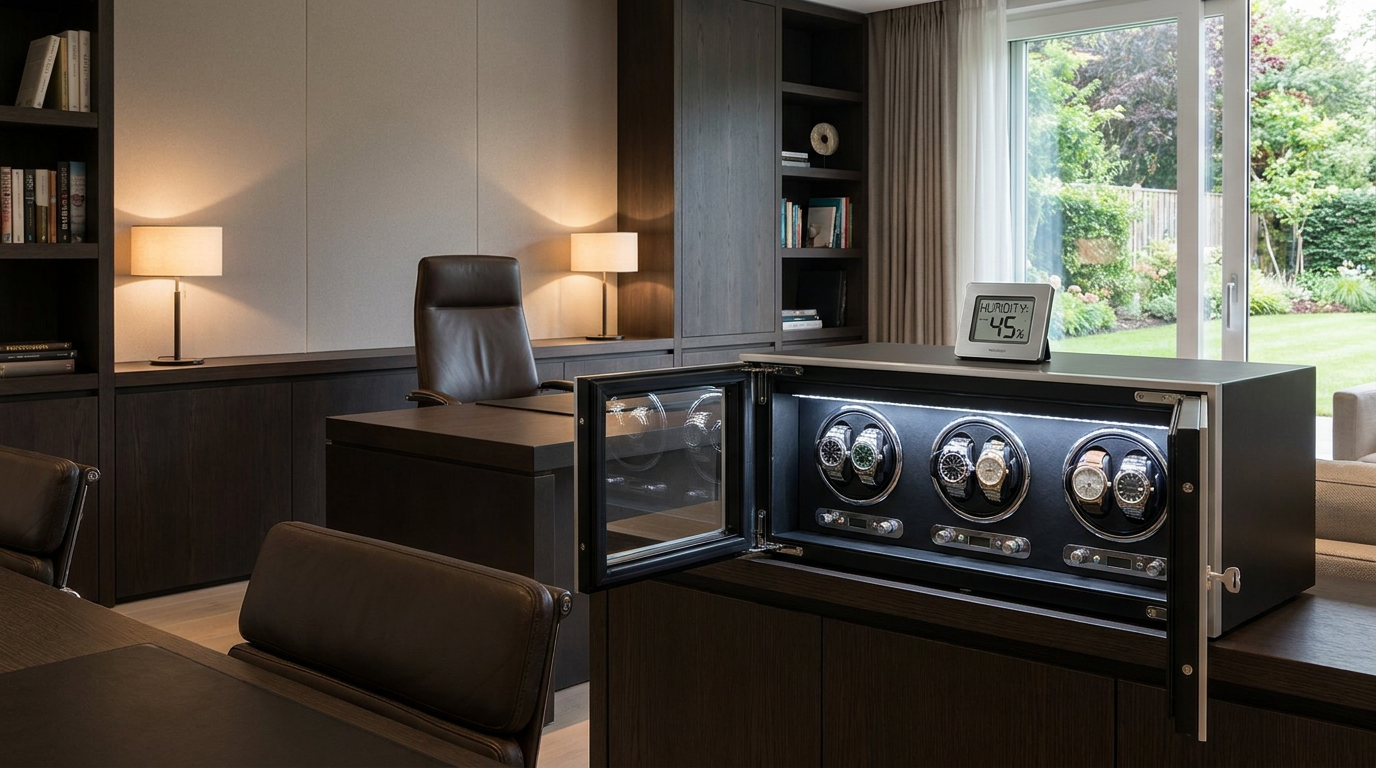 Luxury watch winder safe open inside high-end office
