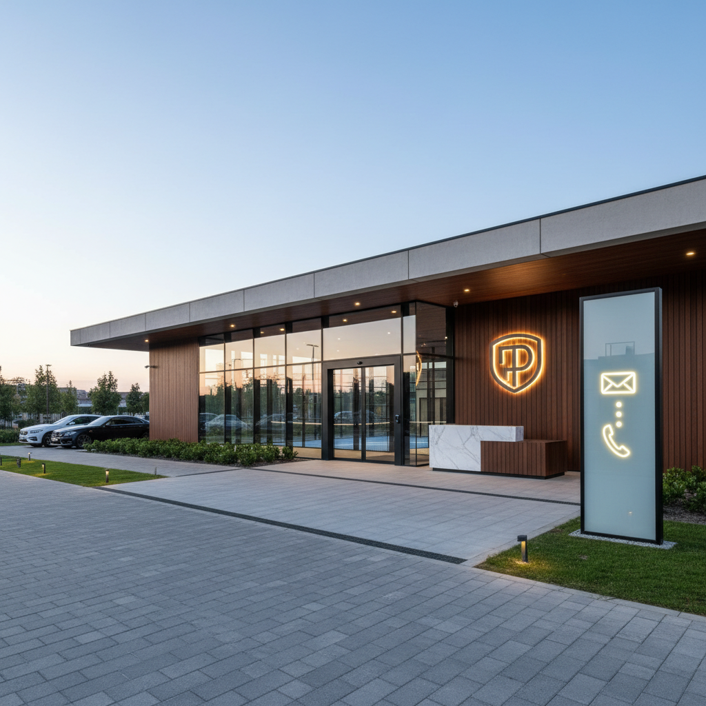 Photorealistic architectural rendering of a multi-court padel club layout with a central clubhouse.