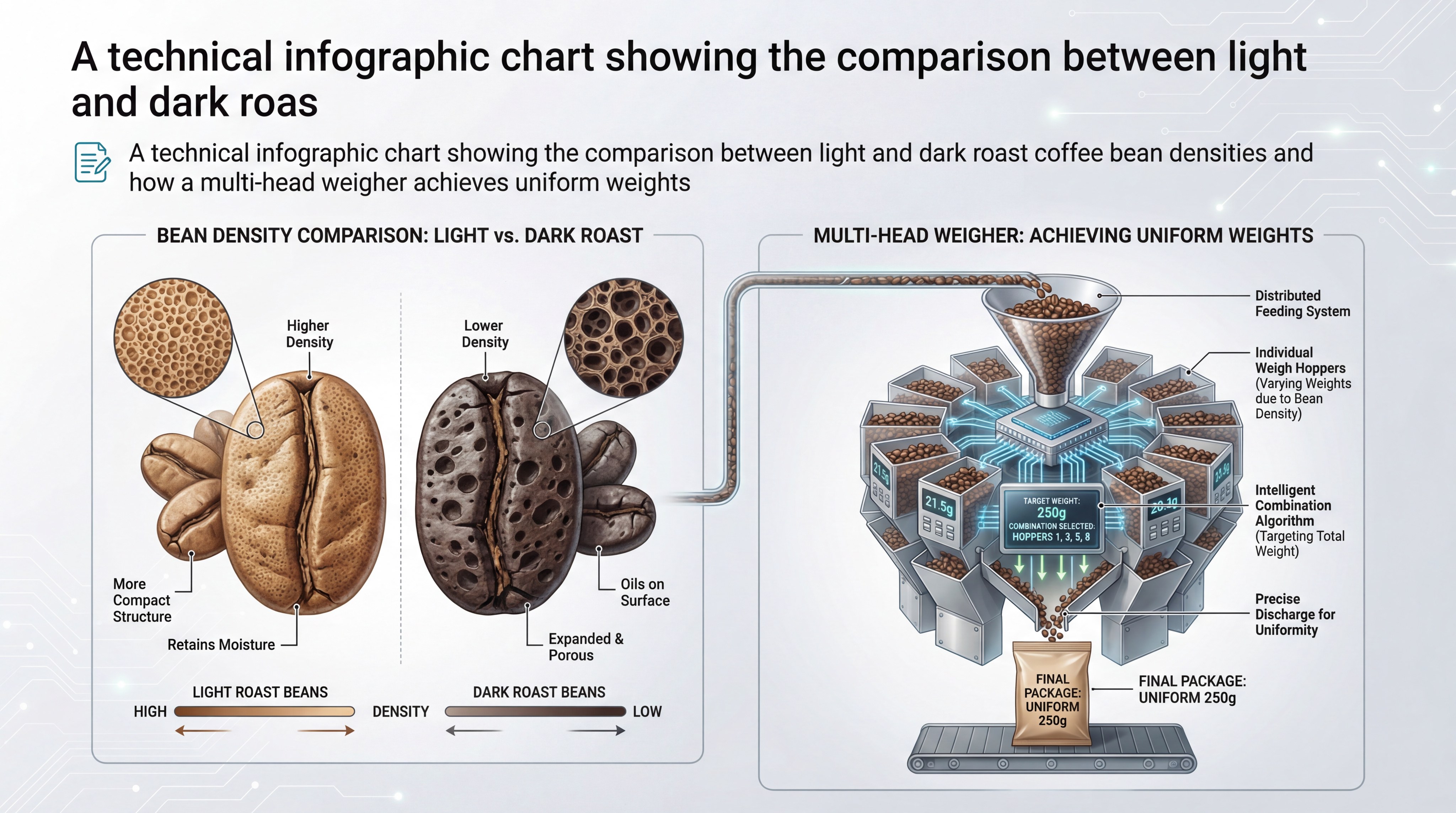 A technical infographic chart showing the comparison between light and dark roast coffee bean densities