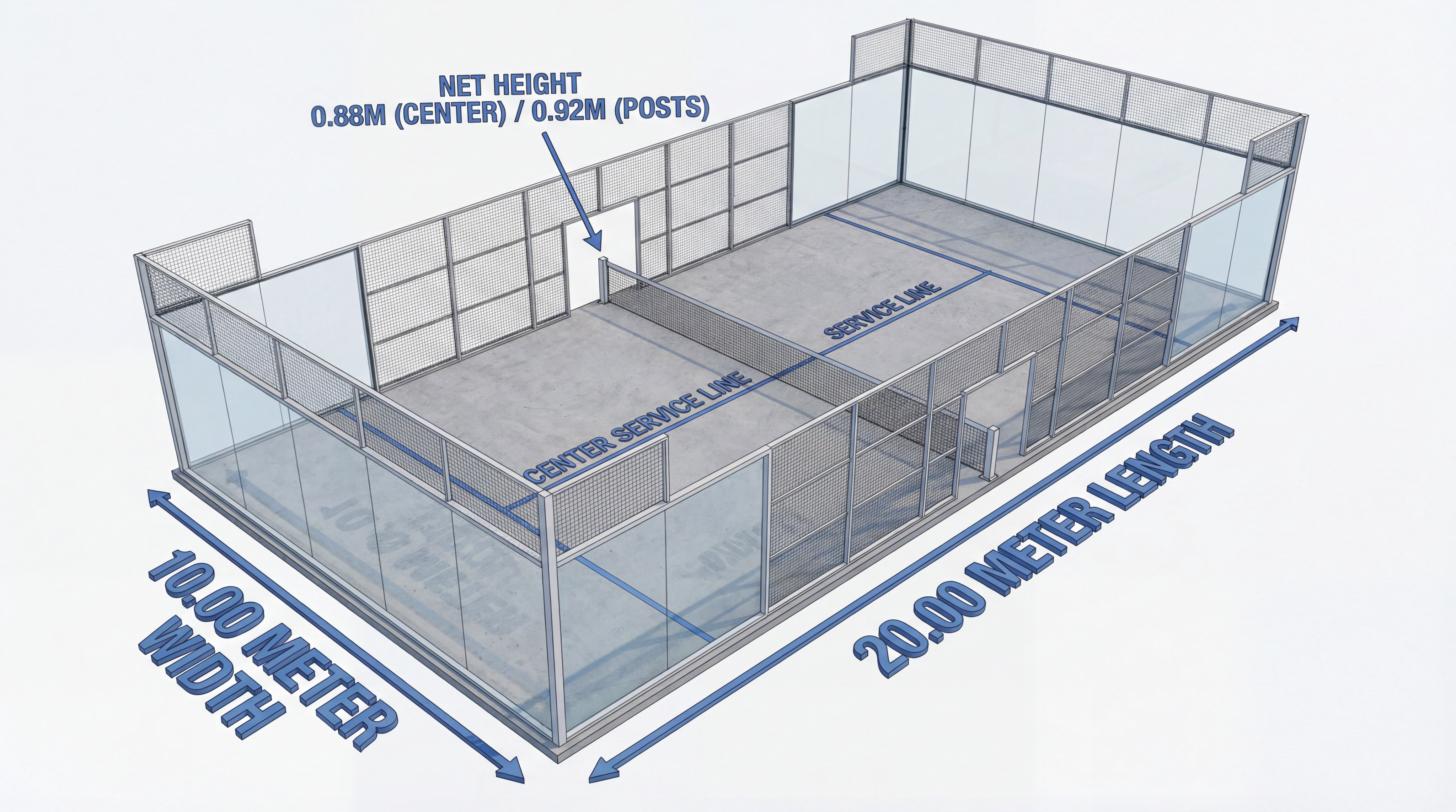Architectural blueprint showing official FIP padel court dimensions