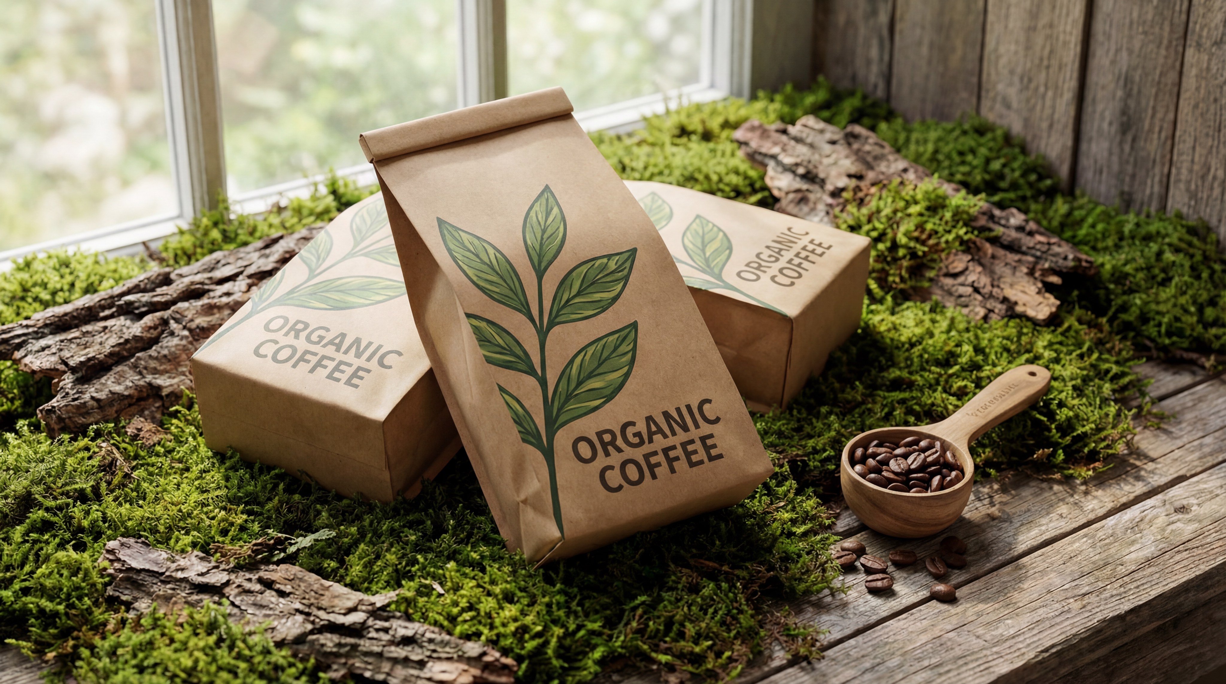 A photorealistic image of eco-friendly kraft coffee bags arranged neatly, showing high-quality print on a natural surface.