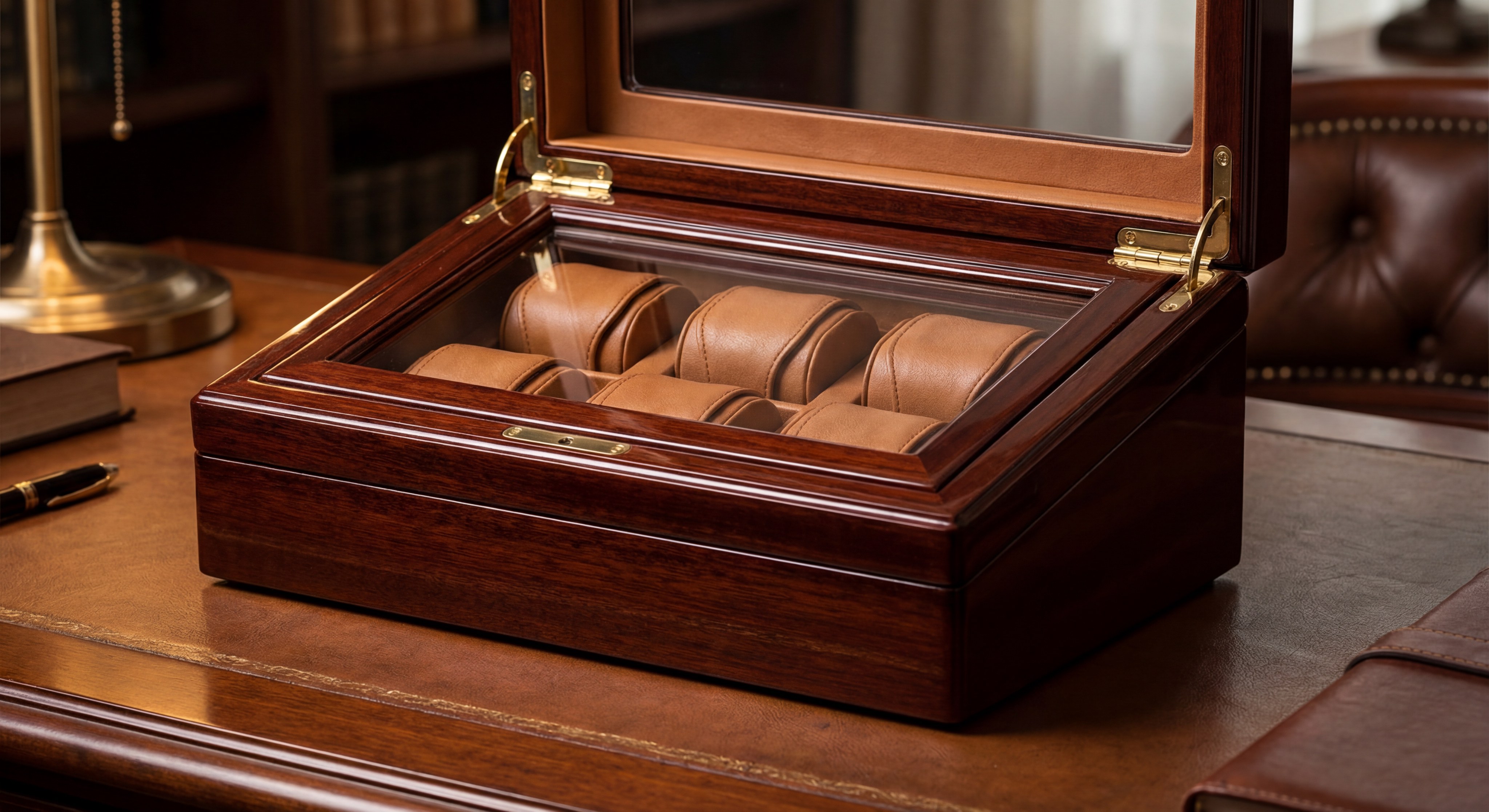 A luxury mahogany watch winder box with extra storage drawers