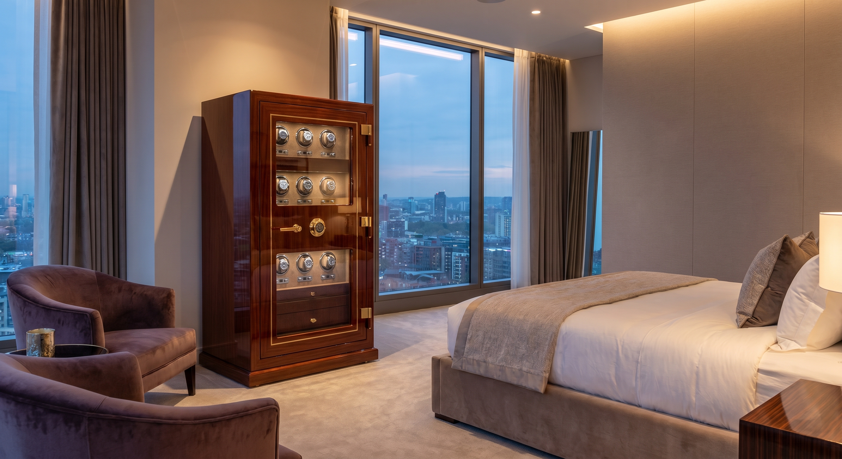 A luxury bedroom featuring a large watch winder safe with multiple winding units and jewelry drawers