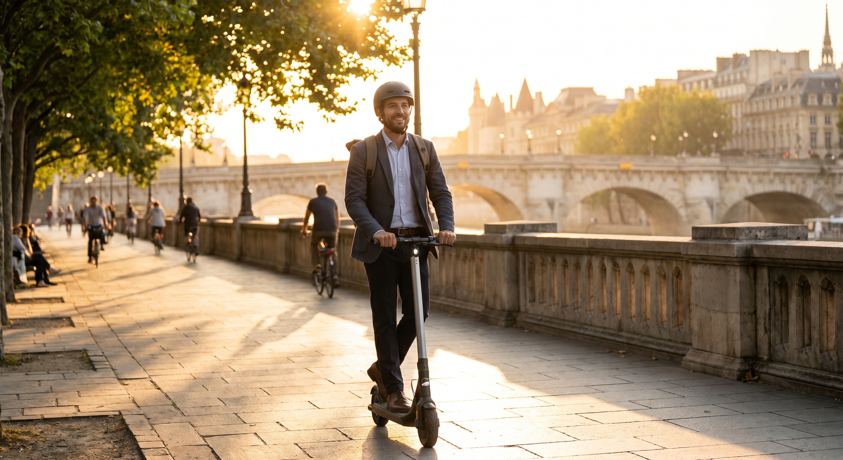 A commuter riding a premium silver electric scooter on a clean pavement path along a river bridge at sunset