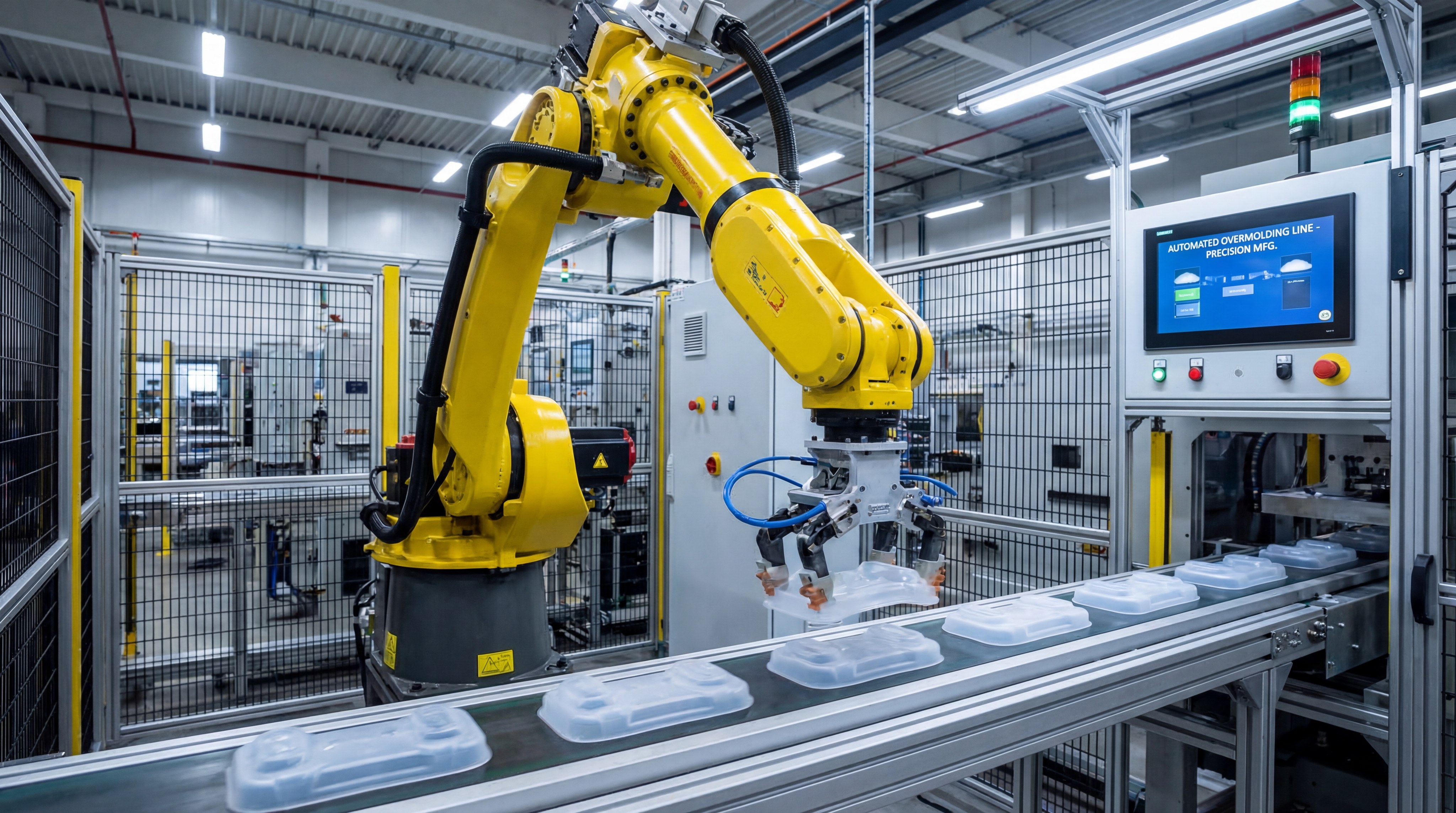 A robotic arm on an automated overmolding production line, picking up newly molded silicone-plastic hybrid parts from a conveyor belt.