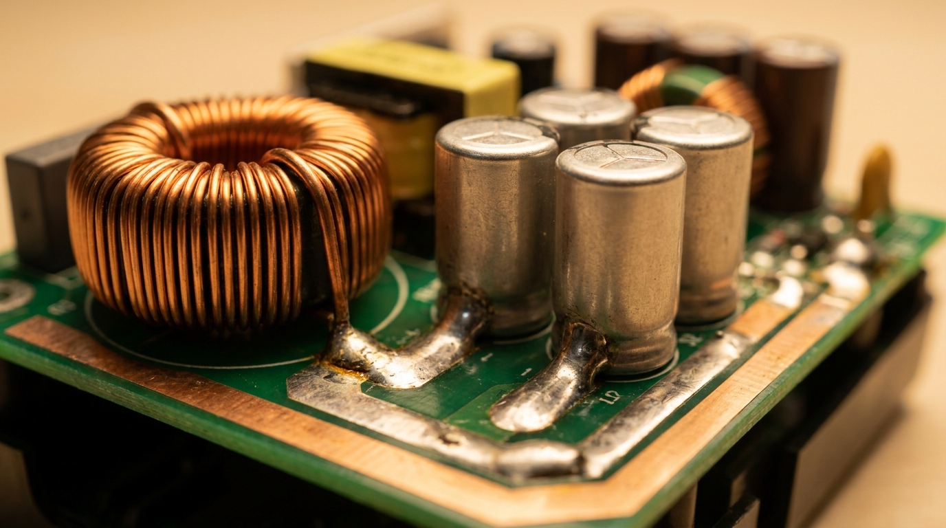 Close-up macro photography of industrial power adapter internal copper coils and capacitors