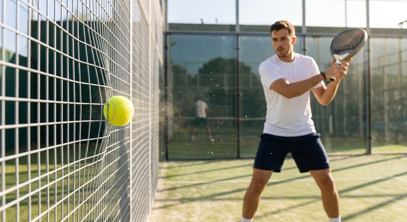 Padel ball hitting a metallic mesh side wall