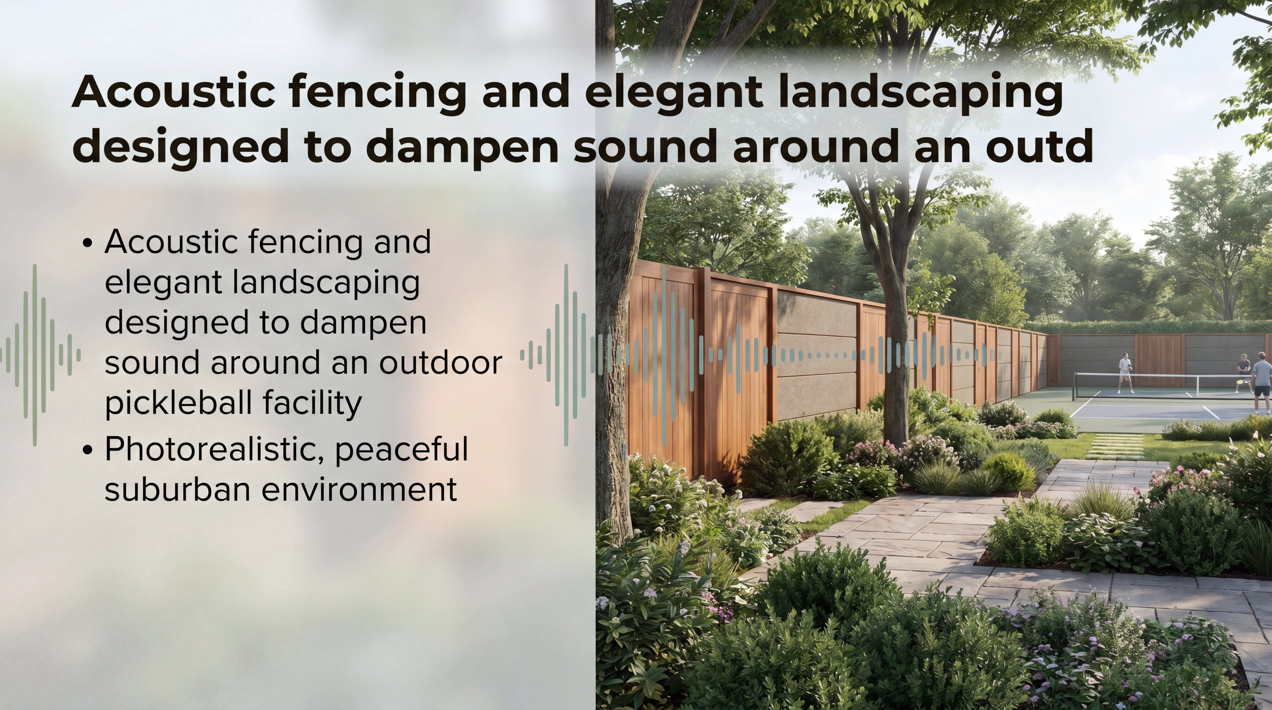 Acoustic fencing and elegant landscaping designed to dampen sound around an outdoor pickleball facility