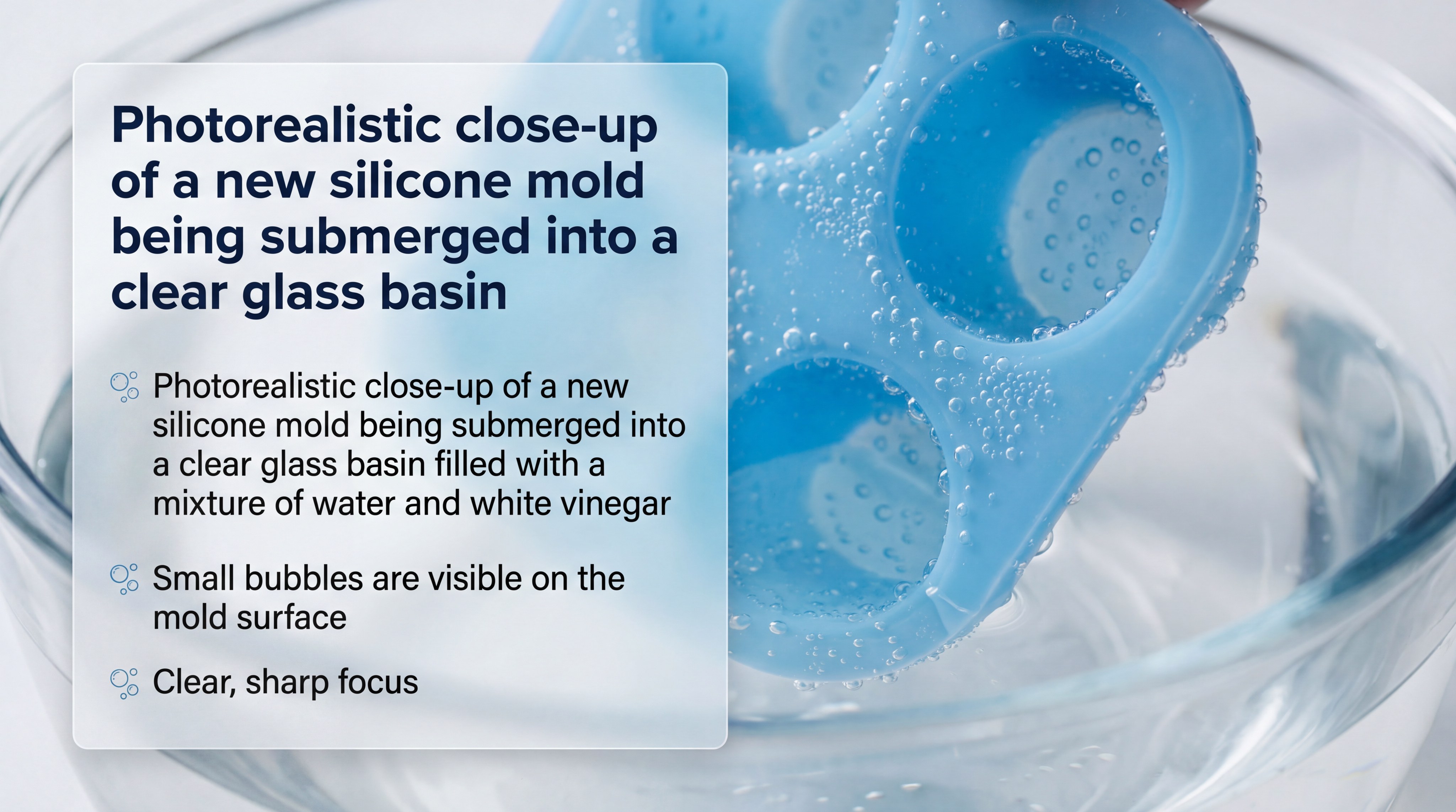Photorealistic close-up of a new silicone mold being submerged into a clear glass basin filled with a mixture of water and white vinegar