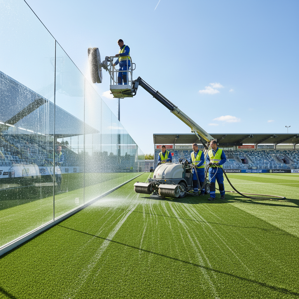A maintenance crew using a specialized power brush and cleaning system to keep a professional padel court in pristine condition.