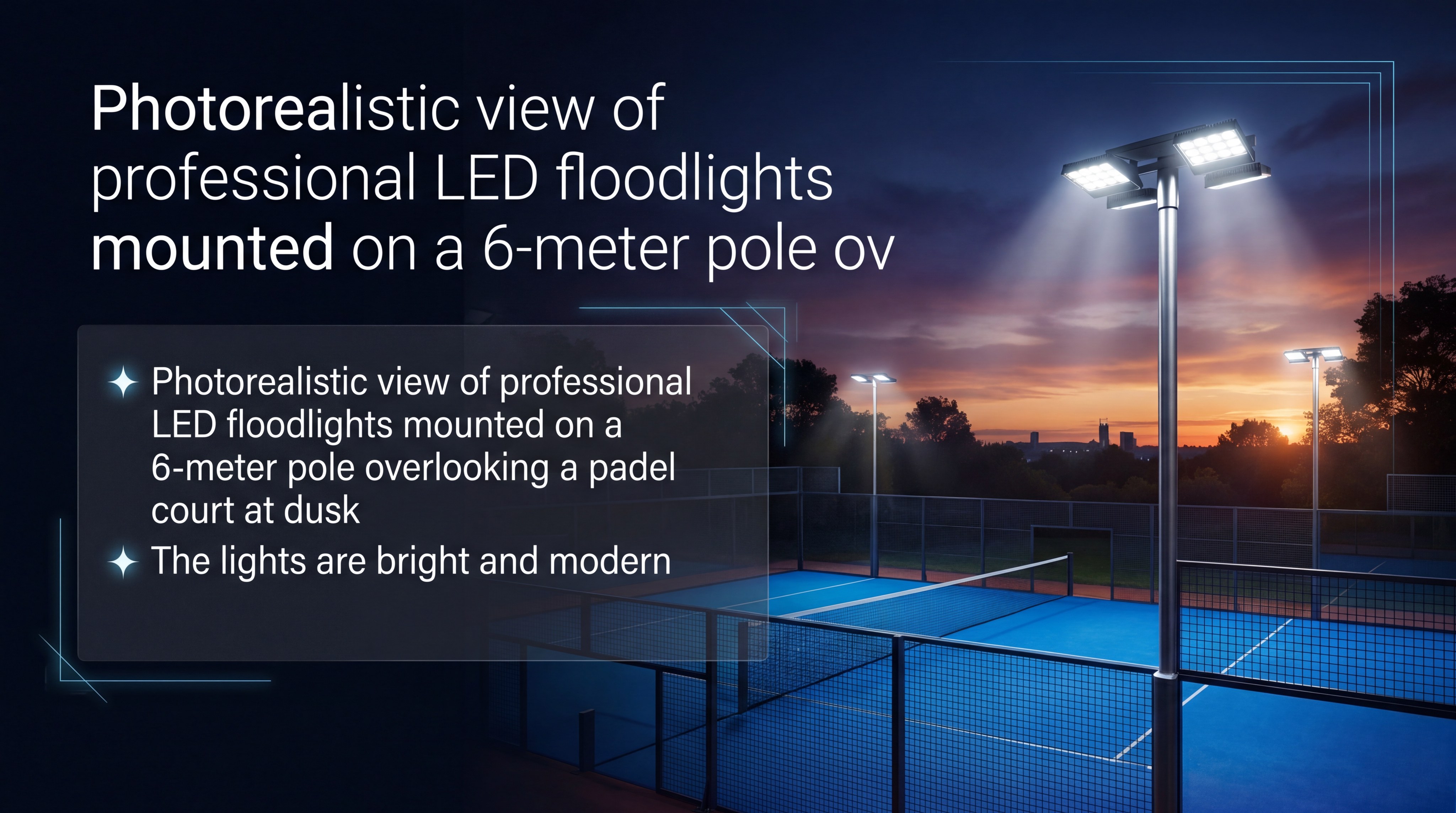 Photorealistic view of professional LED floodlights mounted on a 6-meter pole overlooking a padel court at dusk