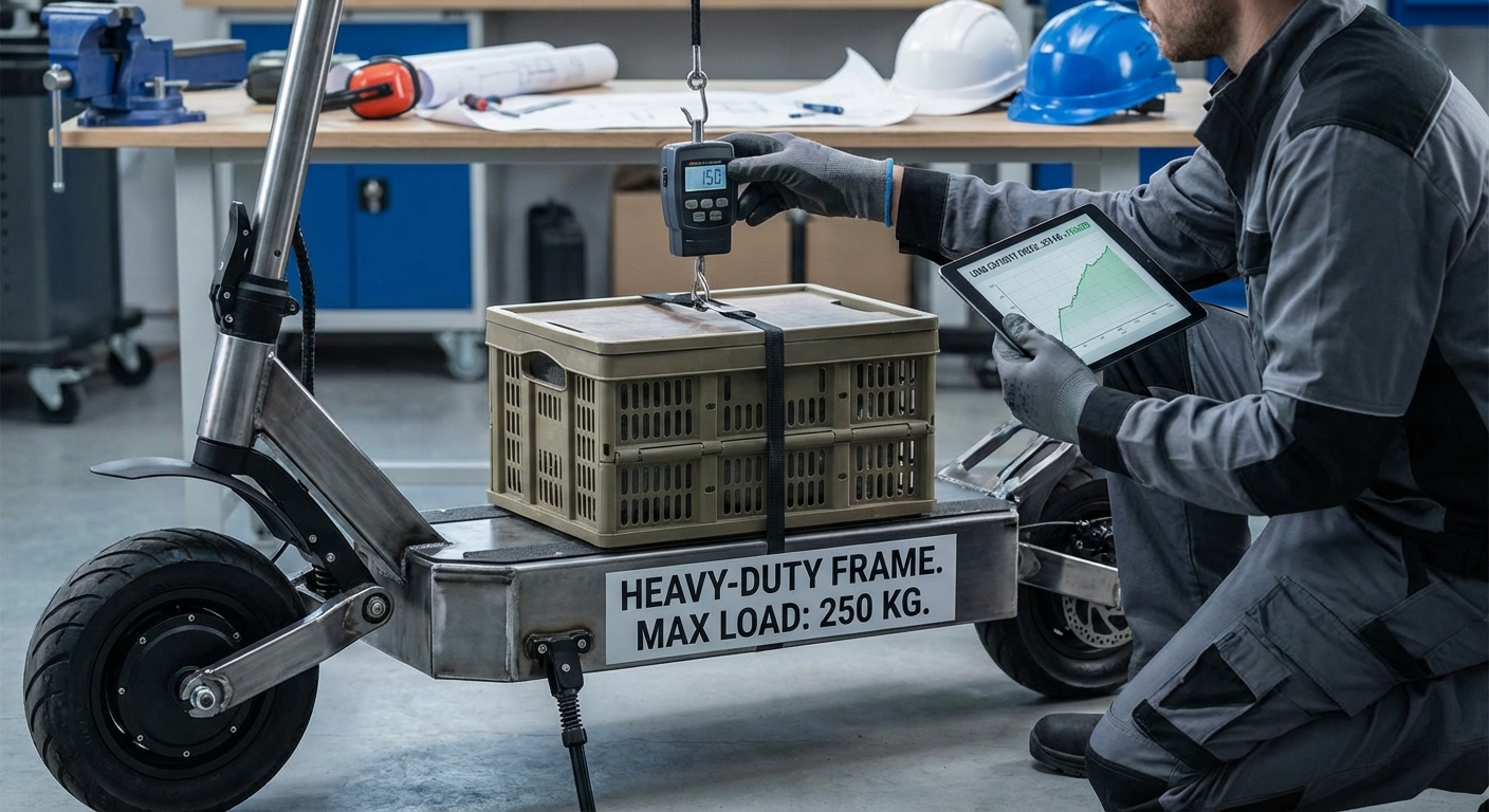 A technician checking the load capacity and frame strength of an electric scooter.
