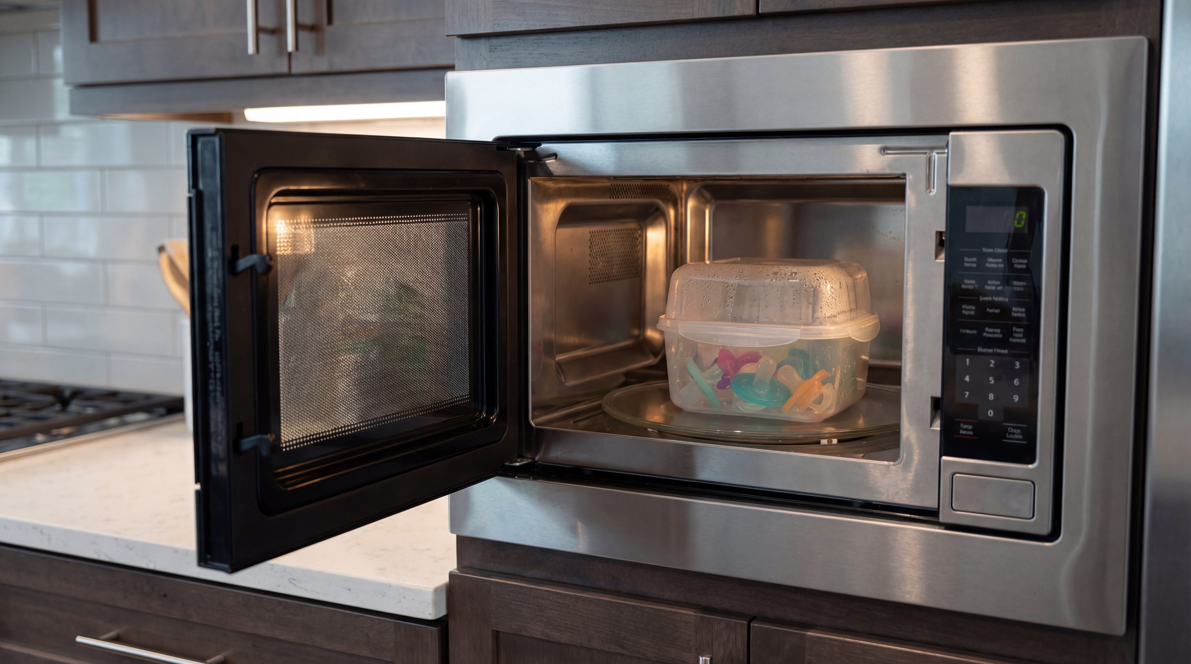 Alt Text: Microwave with a steam sterilization box containing pacifiers