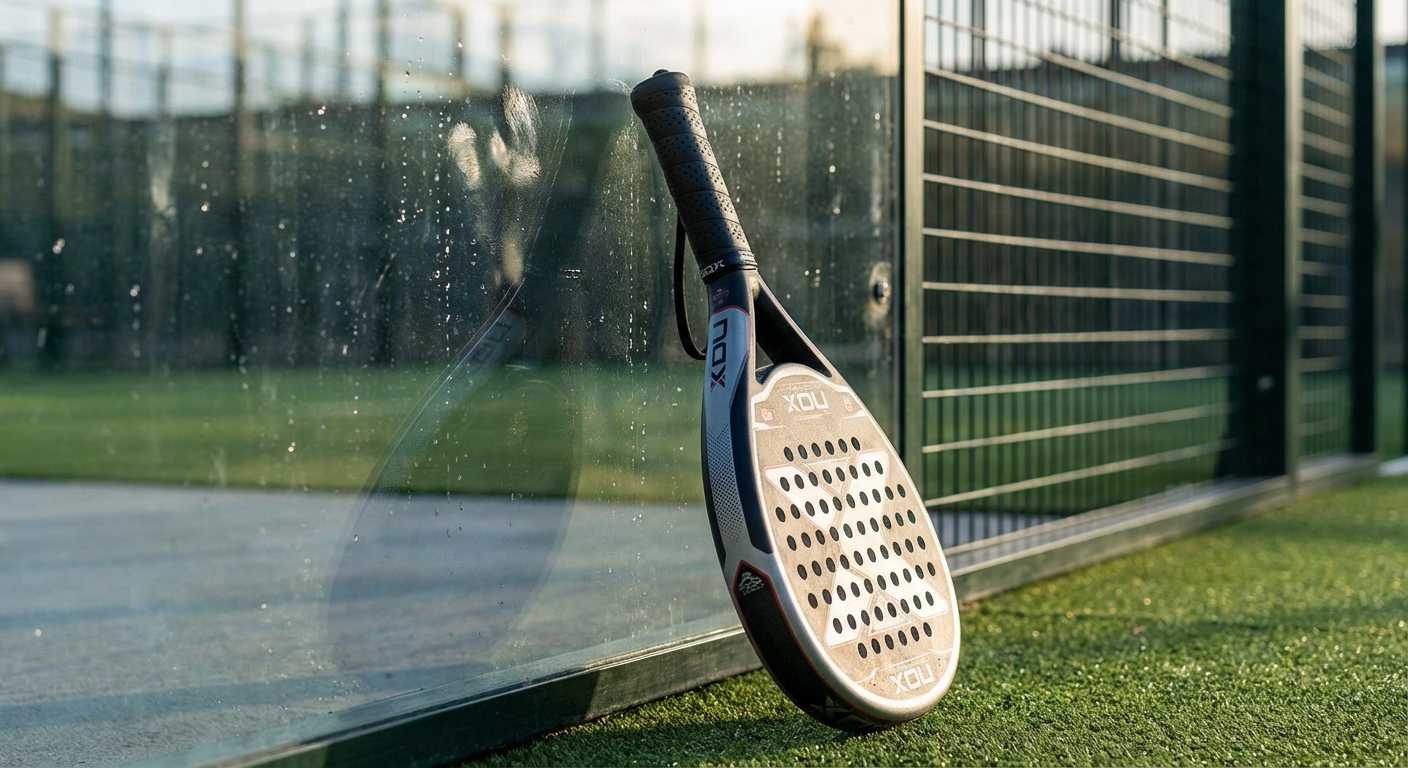 A modern padel bat resting against a tempered glass wall