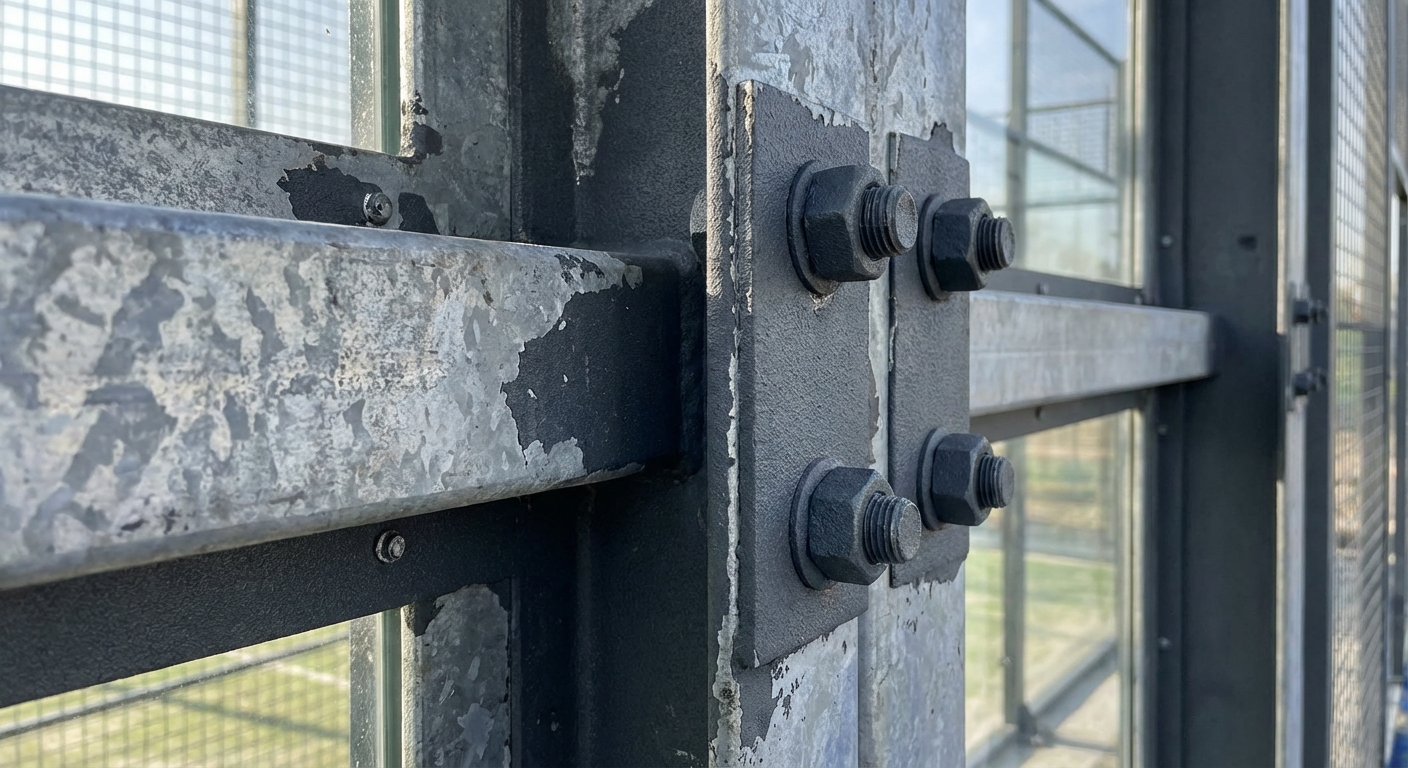 Close-up of hot-dip galvanized steel frames for a padel court