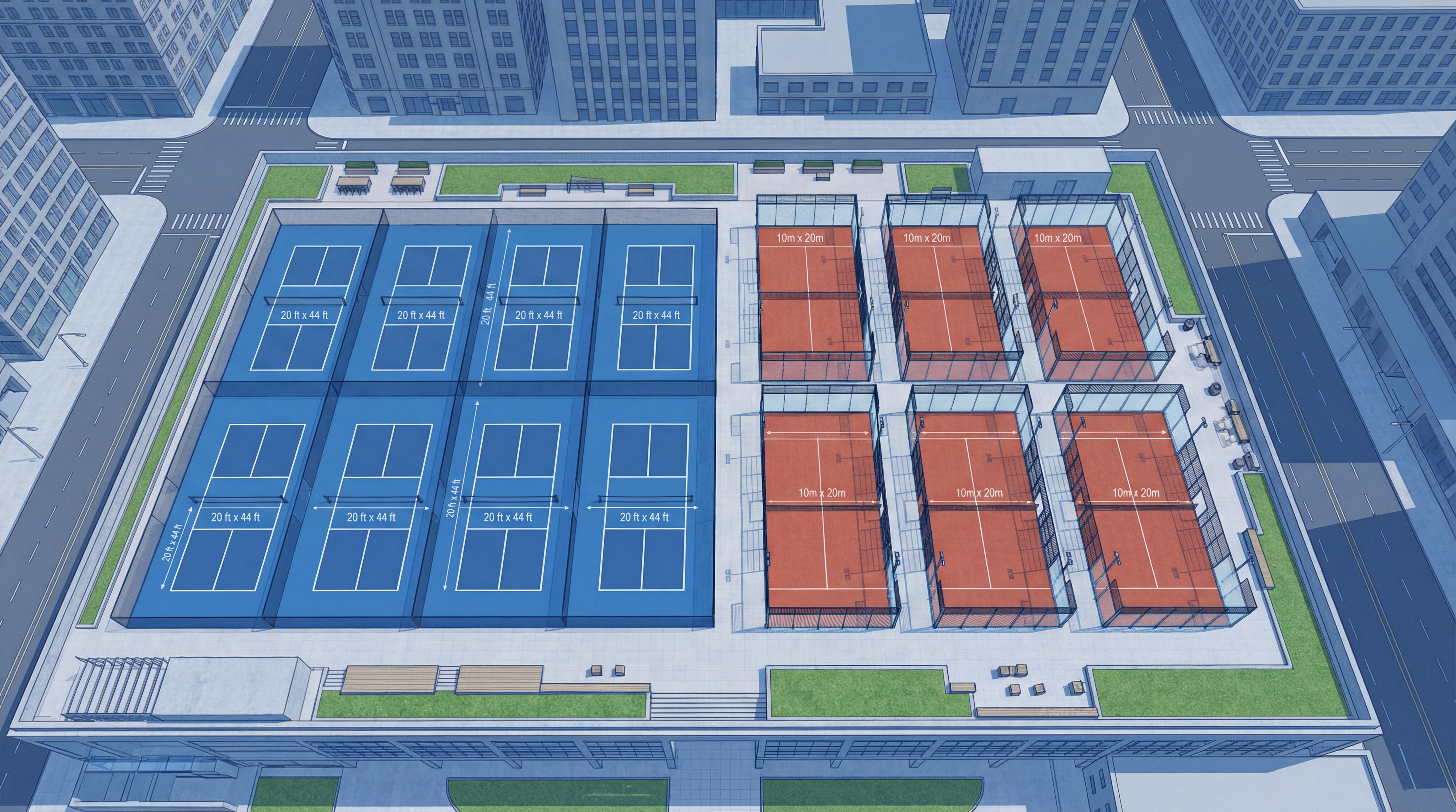 A bird's-eye view architectural rendering of a modern facility featuring both court types side-by-side.