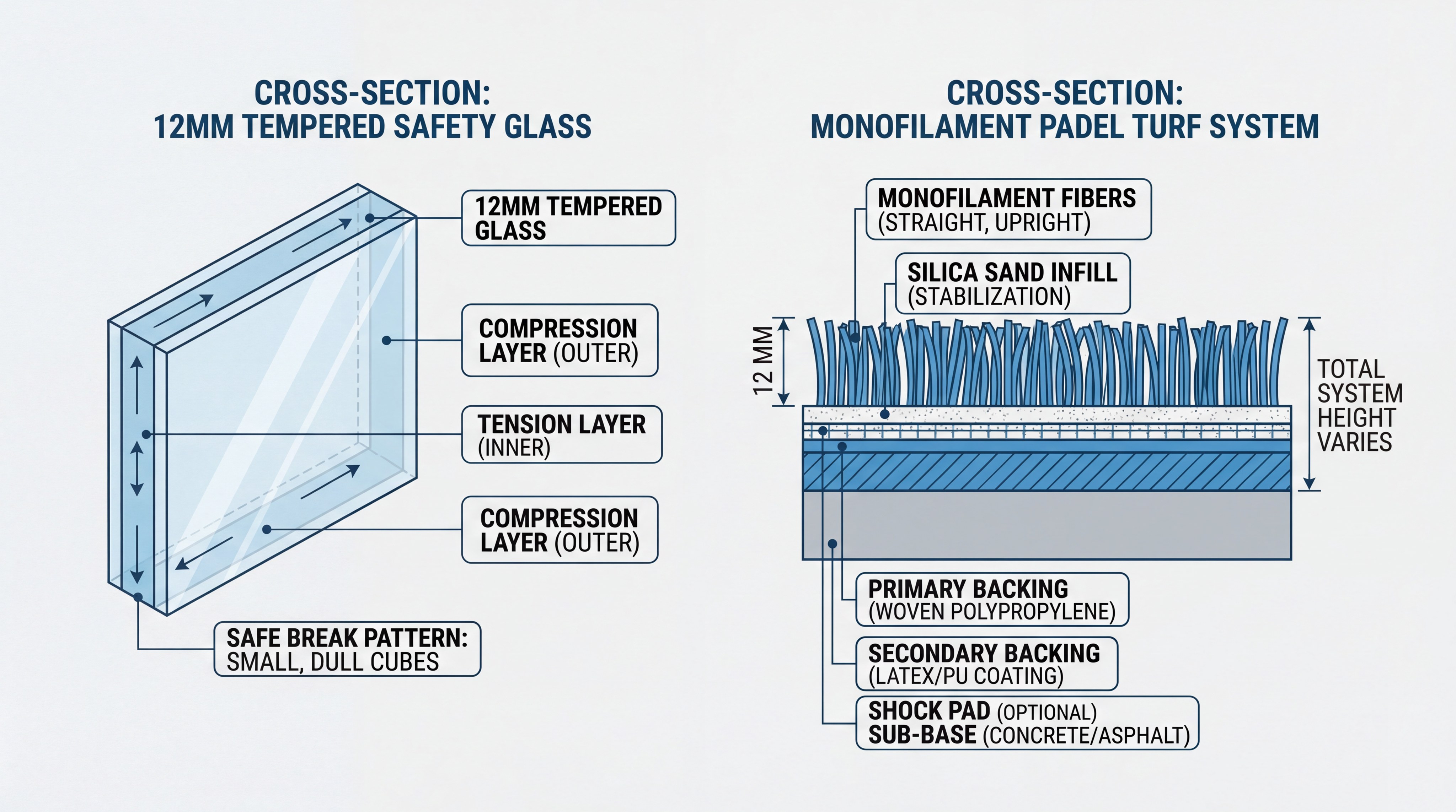 tempered glass padel turf crosssection