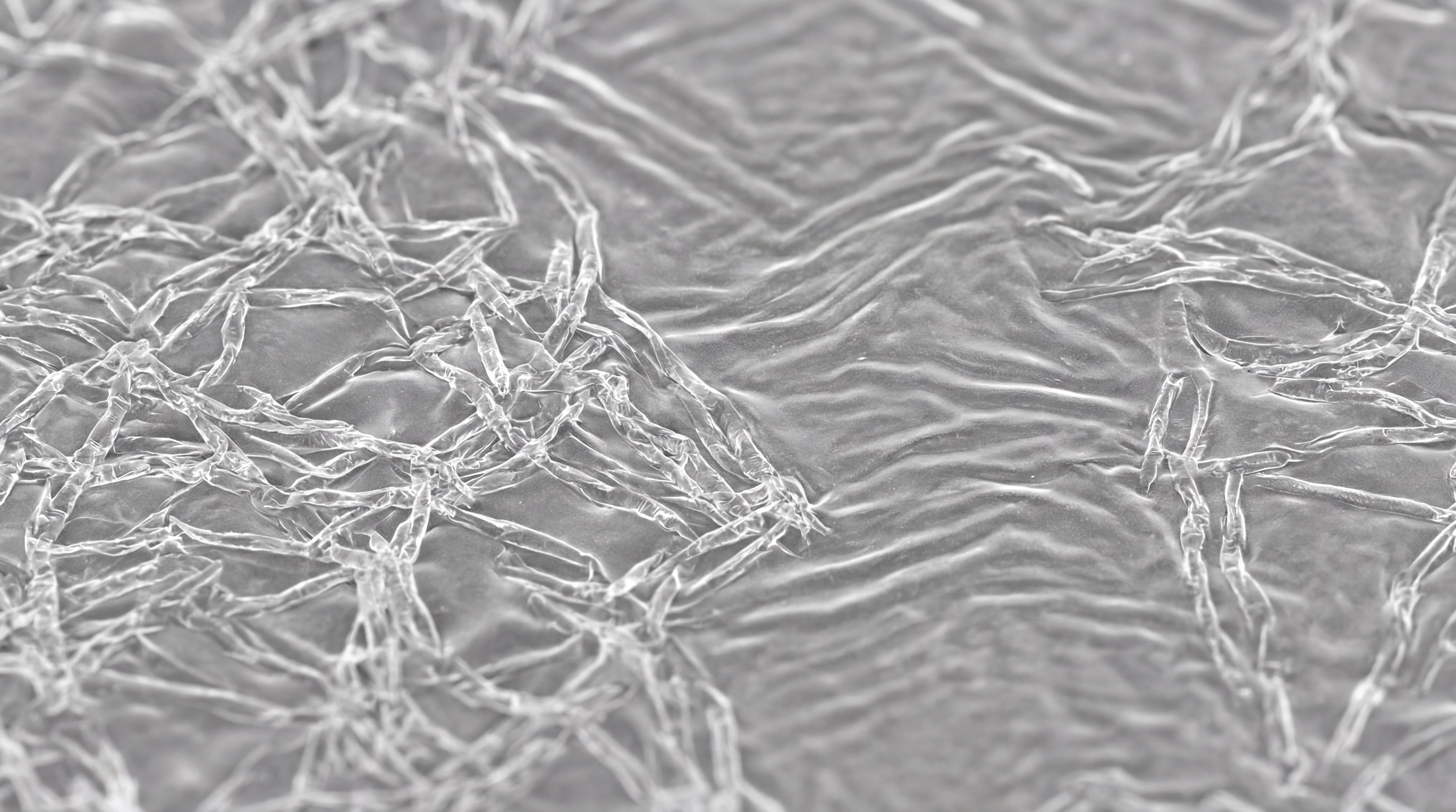 technical close-up of a PLA film surface showing its microscopic molecular structure
