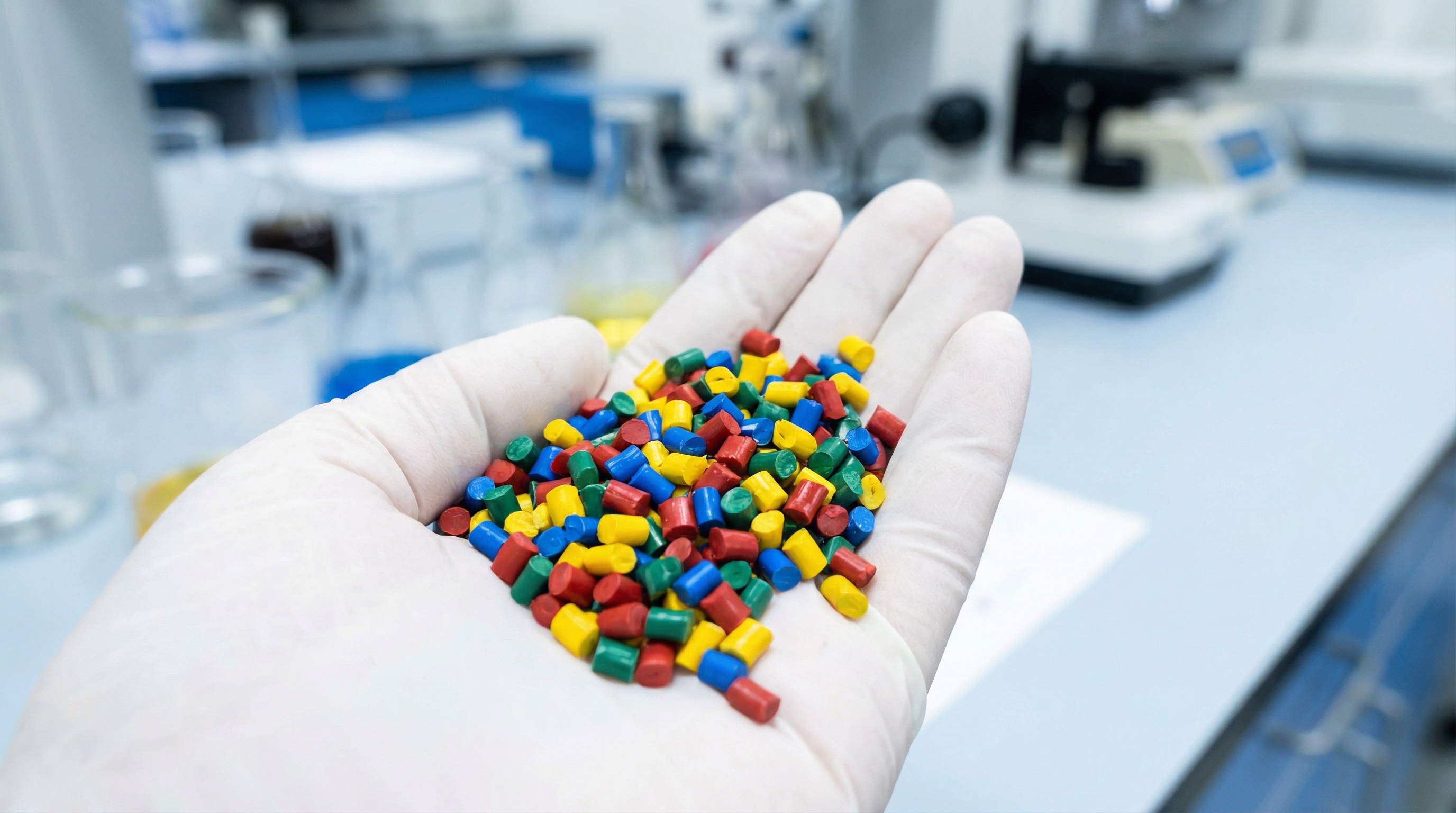 Close up of colorful plastic resin pellets held in the hands of an Asian technician, photorealistic style