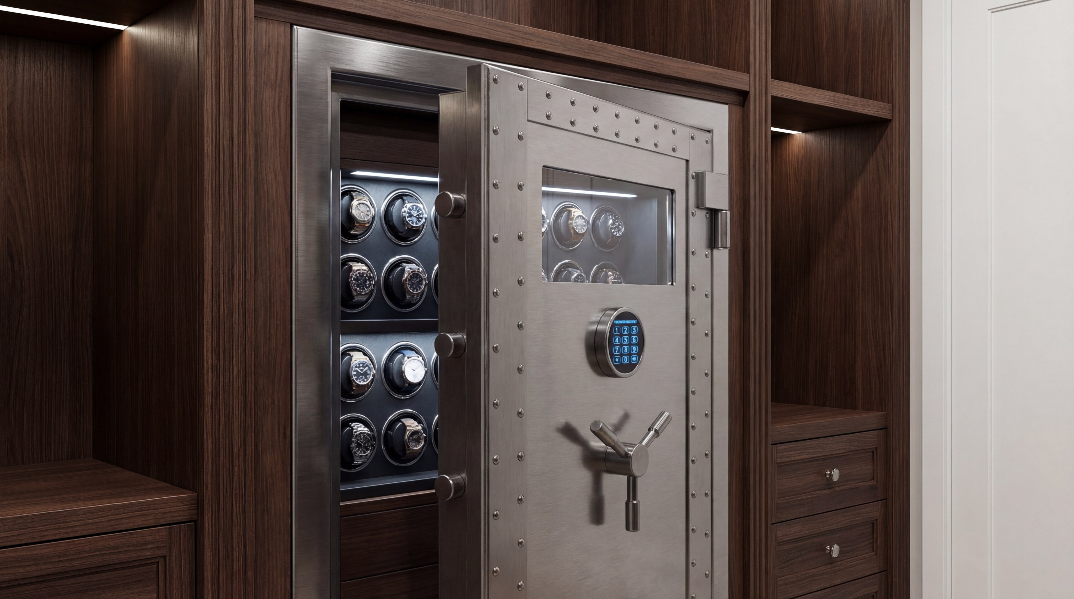 Safe interior showing fire-resistant seals and various storage compartments