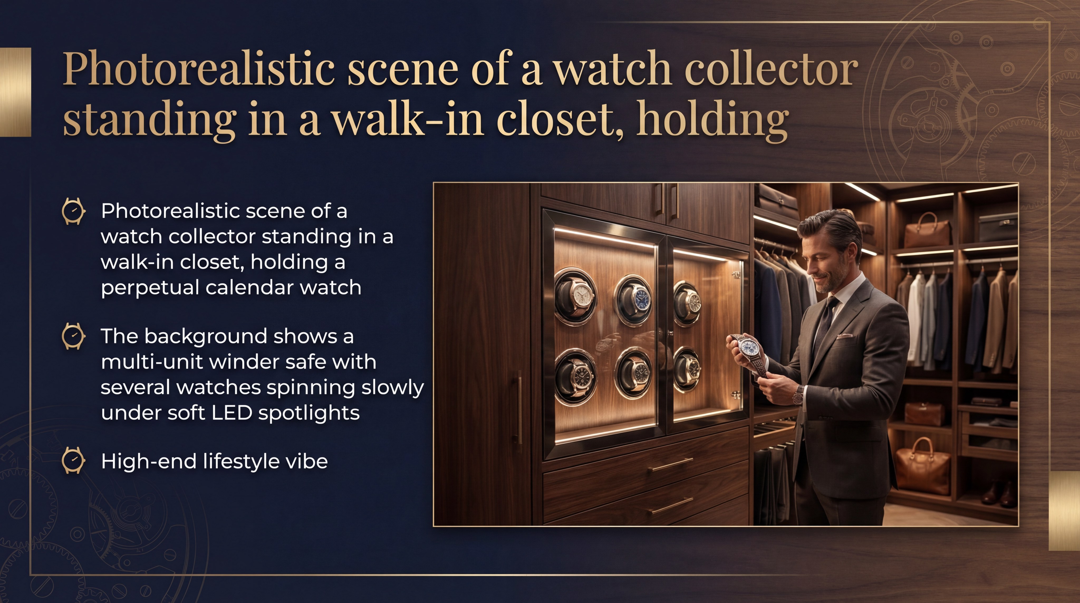 watch collector standing in a walk-in closet holding a perpetual calendar watch