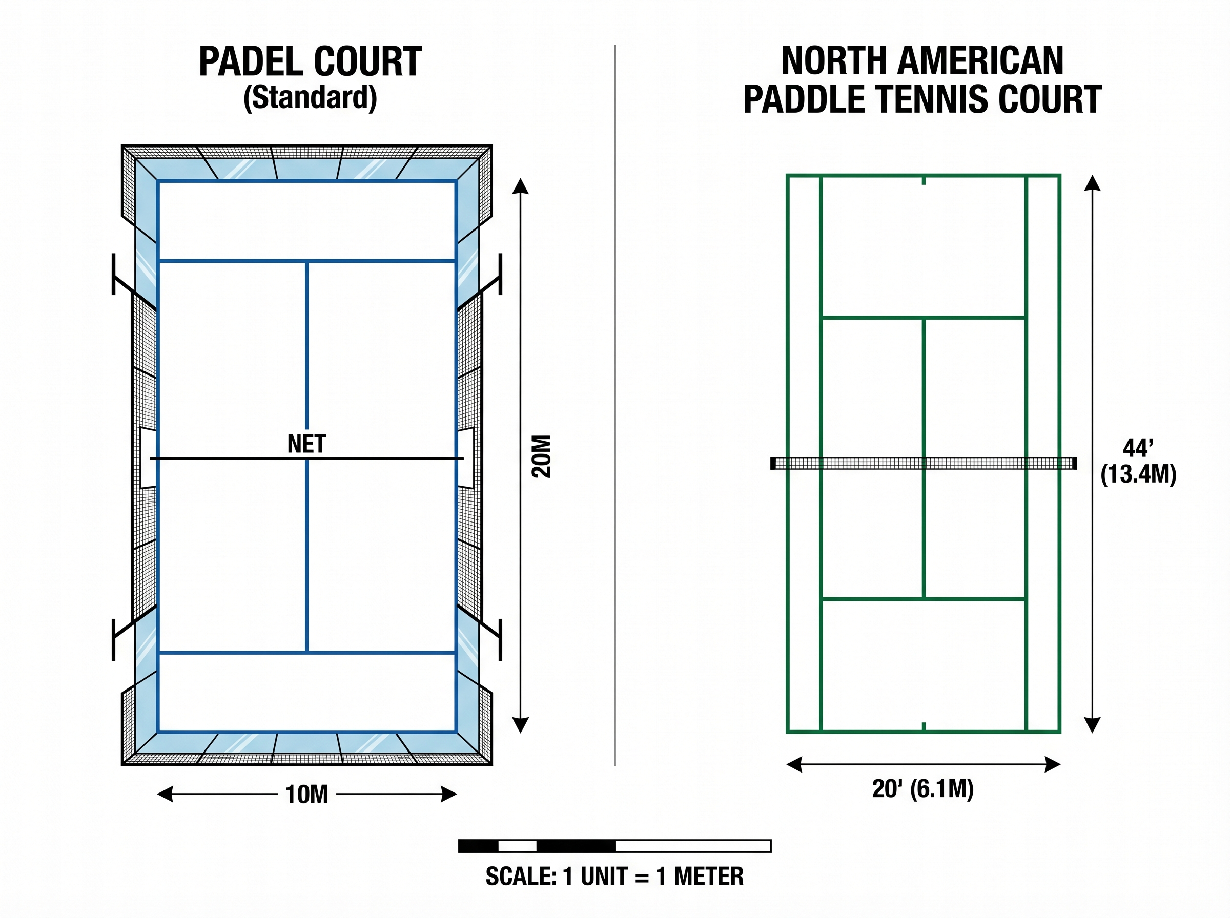 Padel vs Paddle court comparison diagram