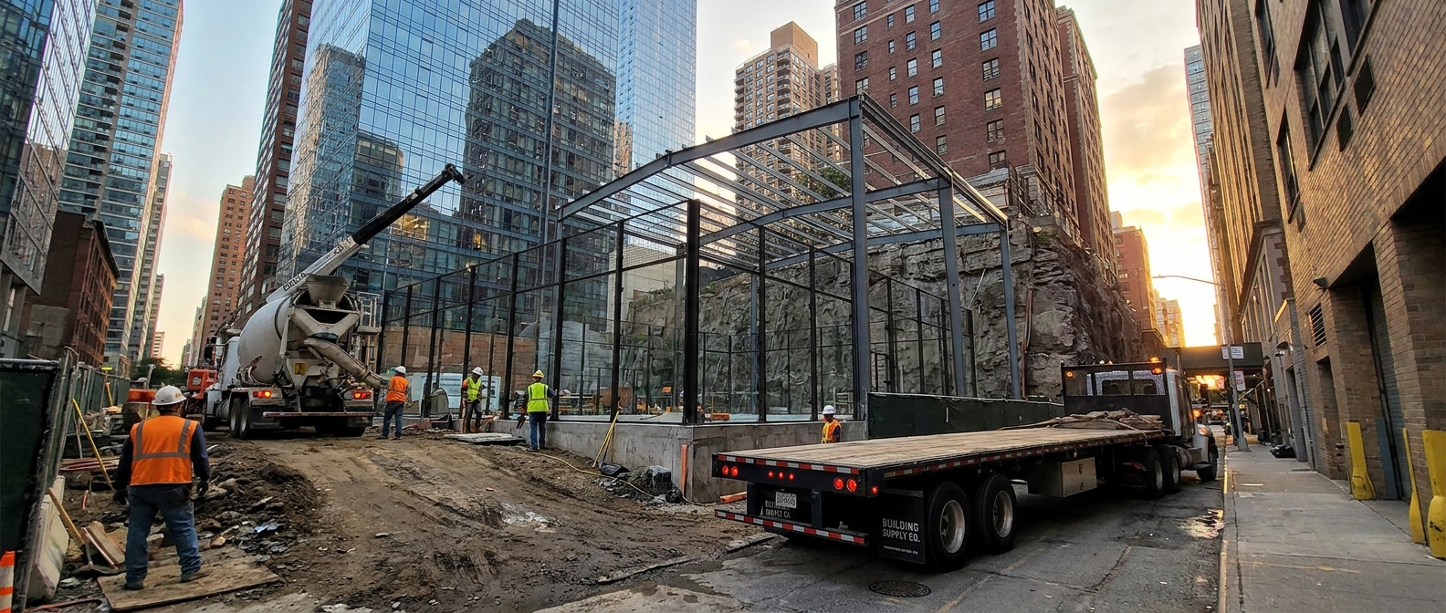 Urban construction site showing the initial steel framing of a padel court project