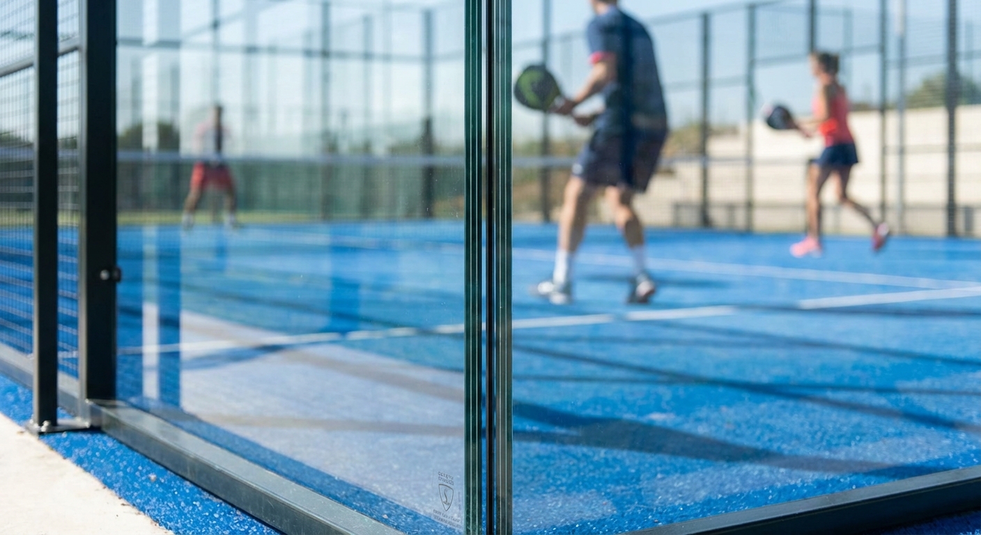 padel court glass panels closeup