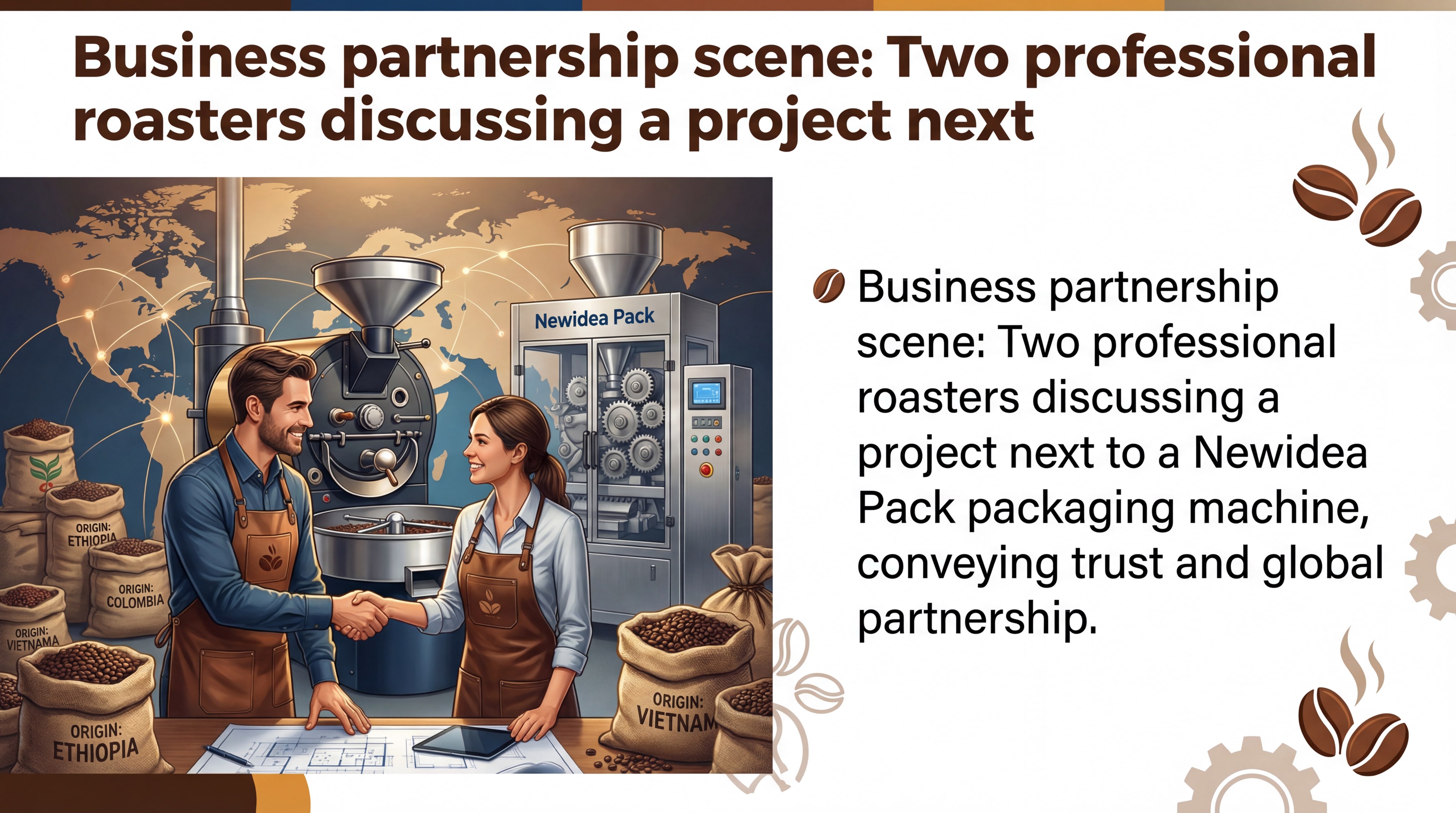 Professional roasters discussing a project next to a Newidea Pack machine