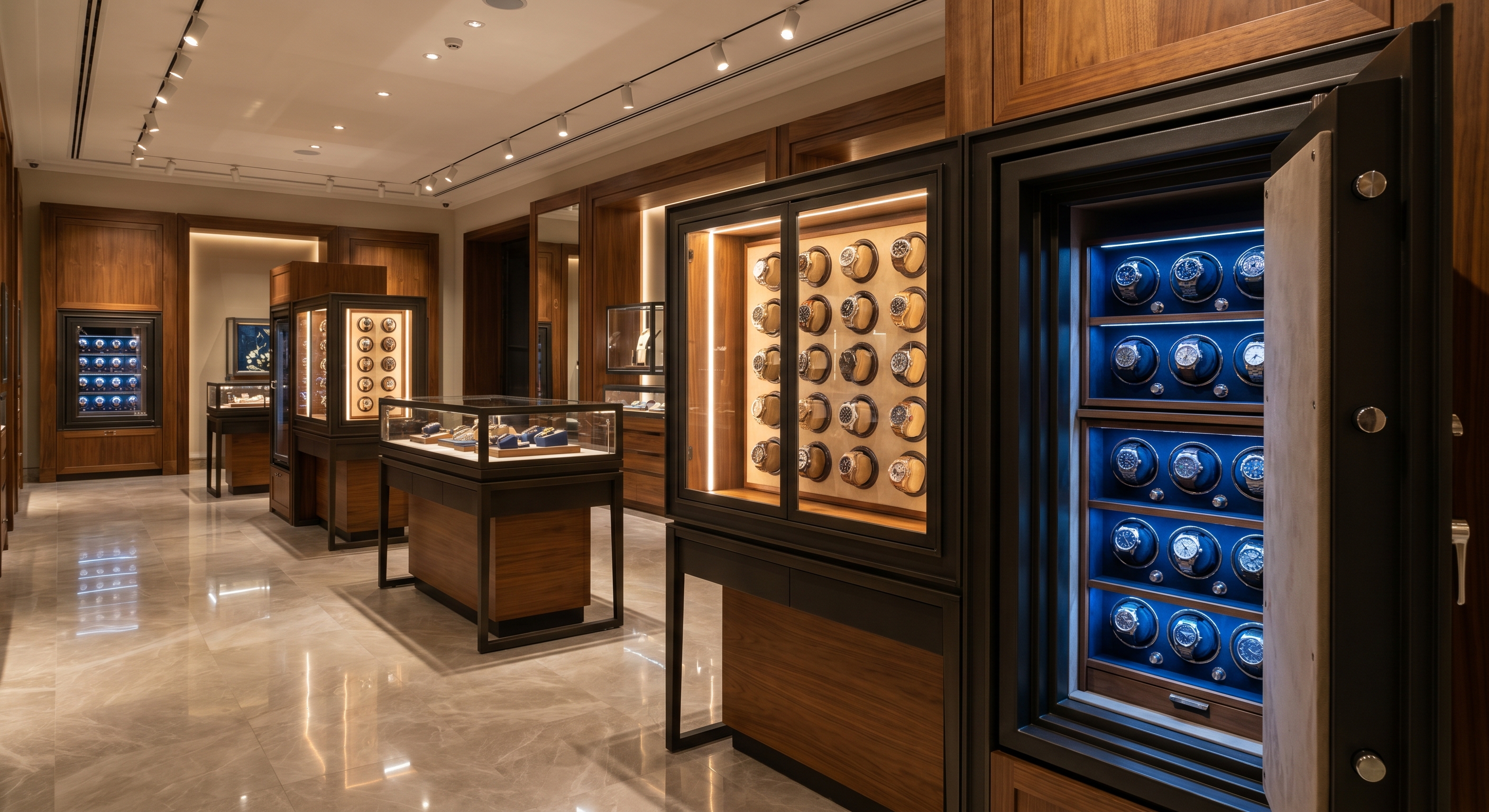 A high-end luxury safe showroom with various watch winder models on display