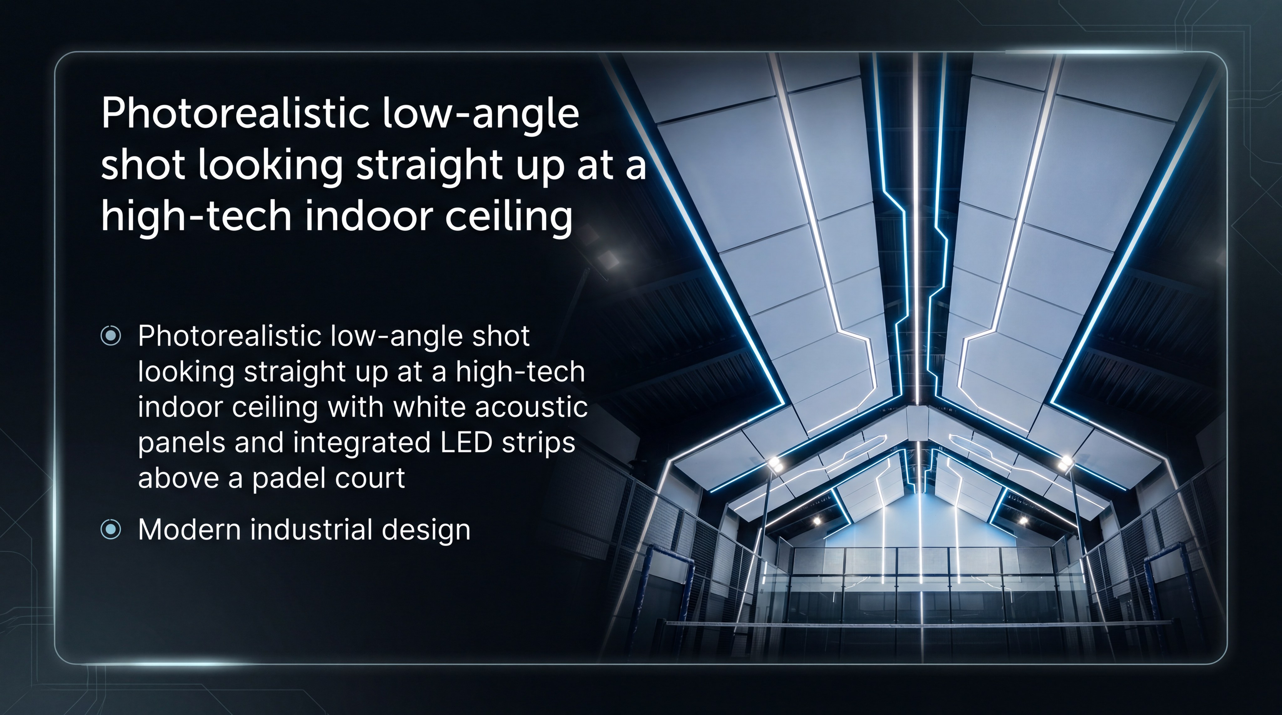Photorealistic low-angle shot looking straight up at a high-tech indoor ceiling with white acoustic panels